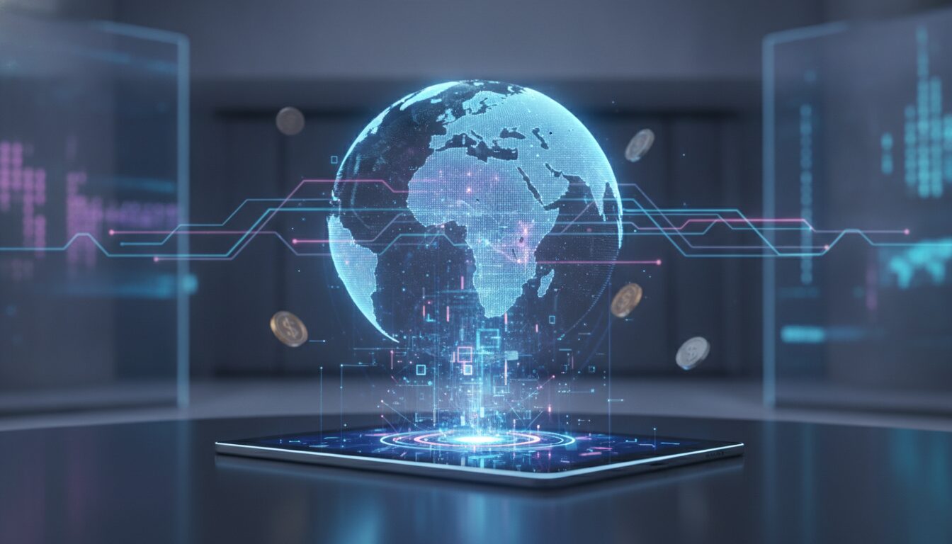 Interface abstrata de remessa internacional com globo digital, linhas de transferência e dispositivo portátil, evocando o tema Chat GPT