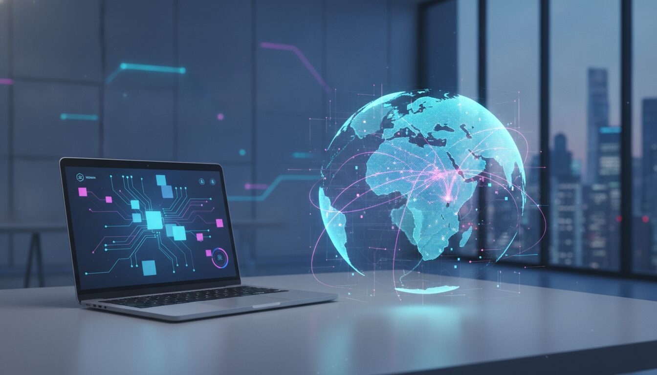 Globo digital com conexões sobre cenário urbano, simbolizando mercado imobiliário no exterior e planejamento de custo de vida nos EUA