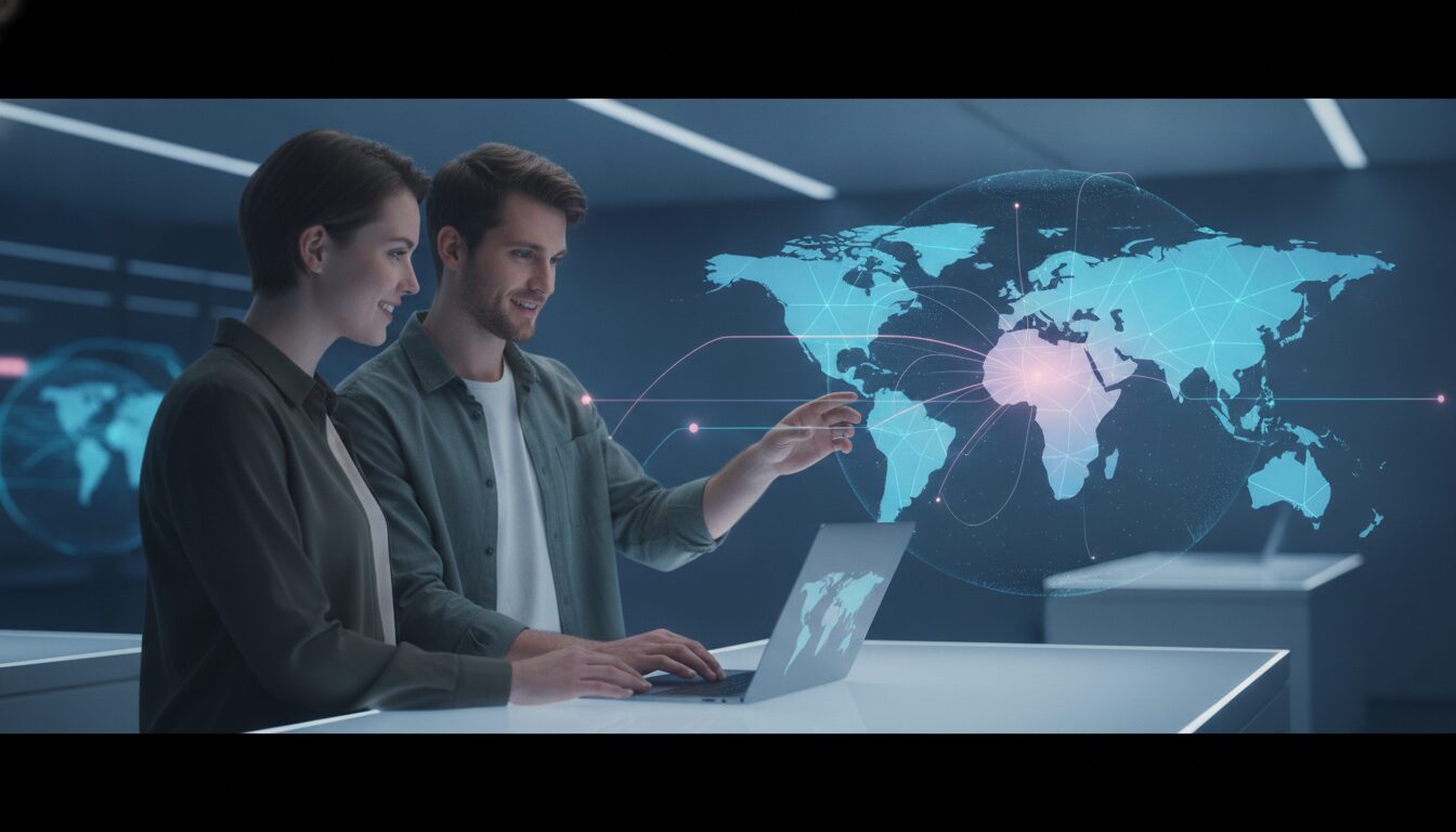 Founder com notebook e holograma abstrato simbolizando remessa internacional e investimento para startups
