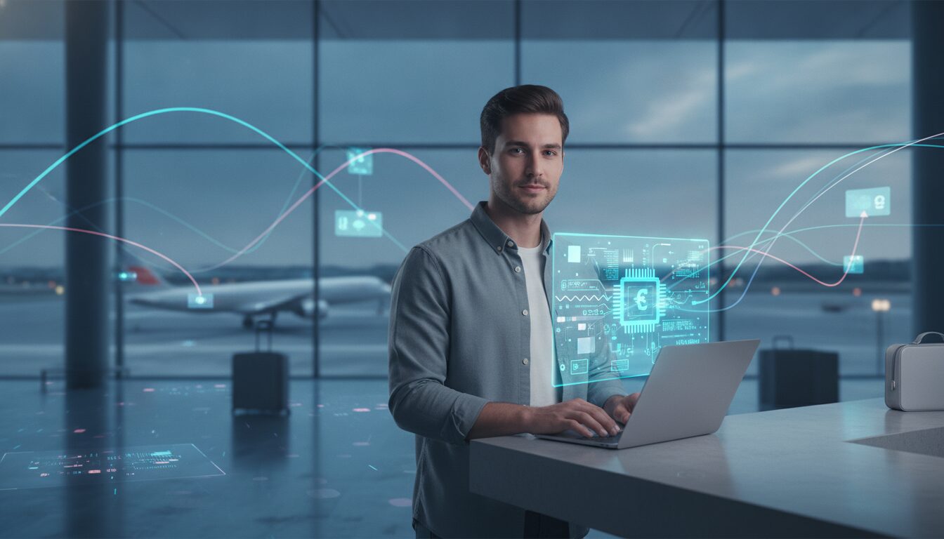 Freelancer no exterior em plano médio usando notebook no aeroporto com holograma financeiro azul-ciano
