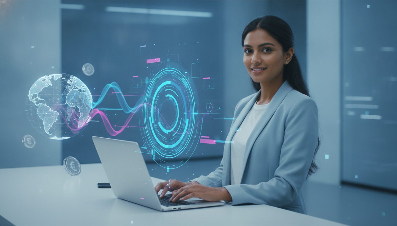 Profissional com notebook e holograma de chip simbolizando ACH routing number e transferências internacionais em fundo azul