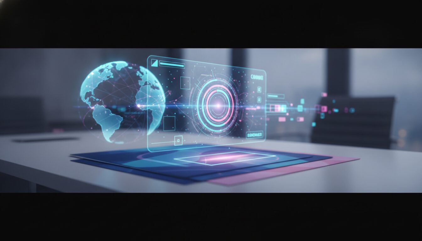Superfícies documentais lisas, interface geométrica abstrata, selo de liberação e globo digital simbolizando desembaraço aduaneiro
