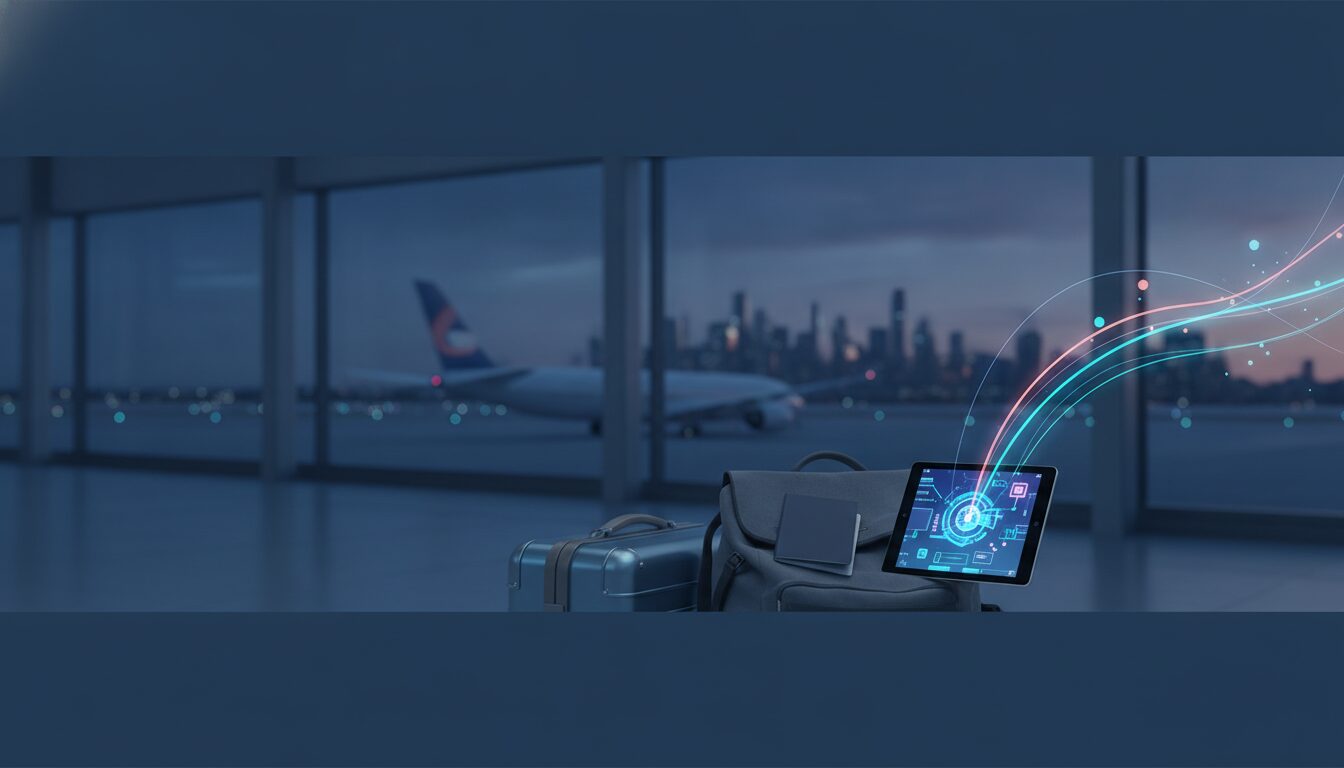 Terminal de aeroporto com notebook apoiado, malas discretas e hologramas de moedas, simbolizando abrir conta no exterior