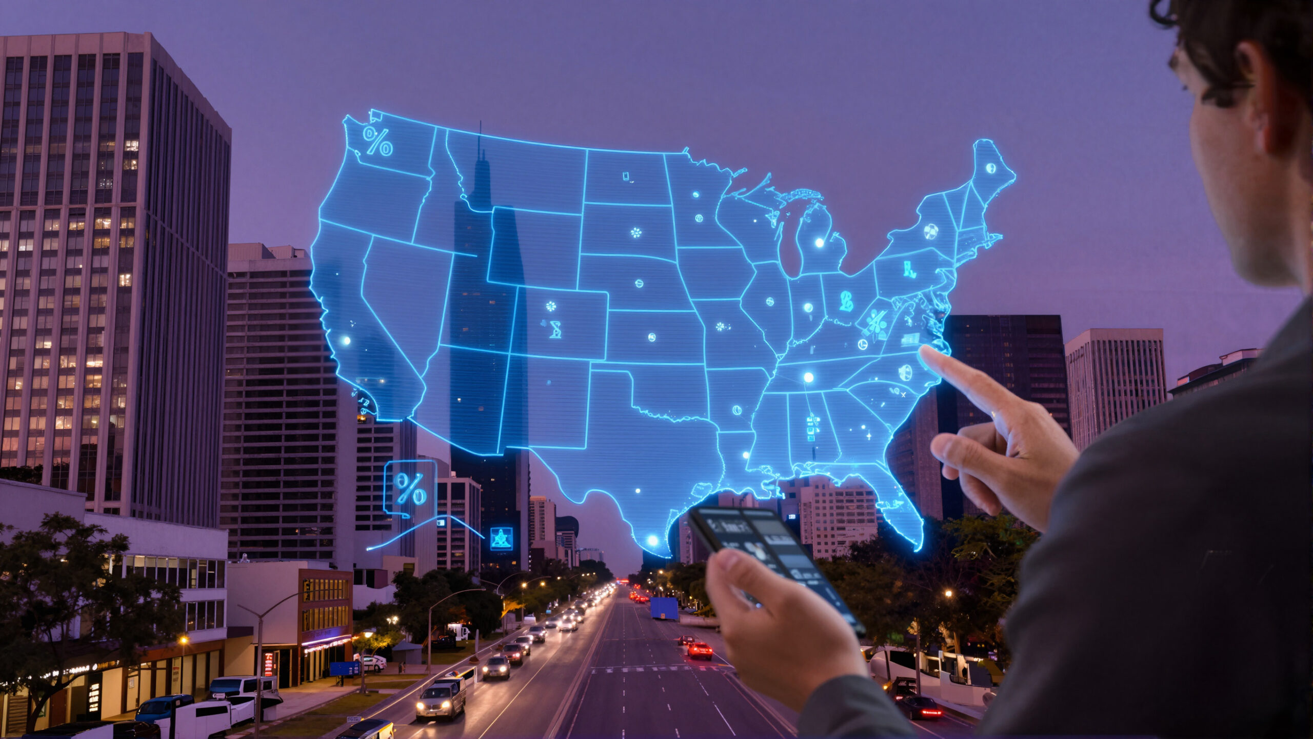 Profissional observando holograma azul de mapa geométrico com ícones financeiros, sugerindo planejamento para vida no exterior