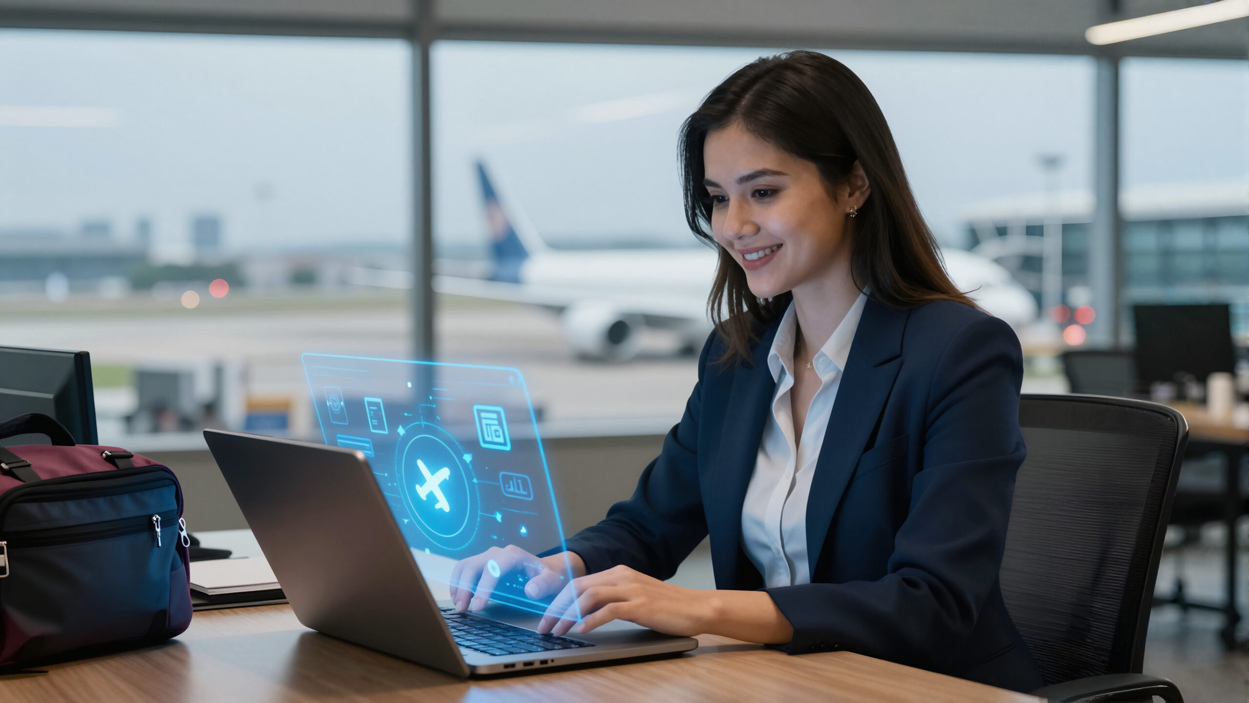 Profissional em aeroporto consultando processo de importação entre Brasil e EUA no notebook com ícones digitais de frete e câmbio