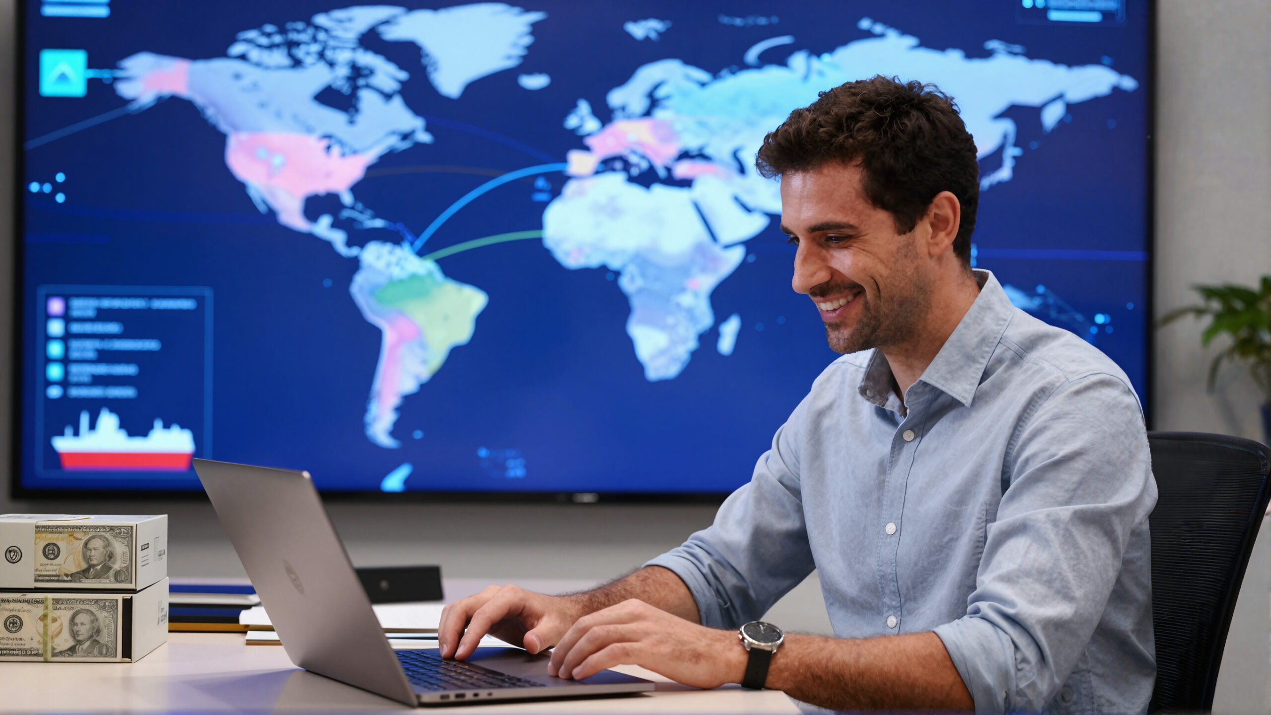 Profissional com notebook e globo holográfico abstrato simbolizando importação aduaneira, rotas internacionais e conexão entre fornecedores e empresas