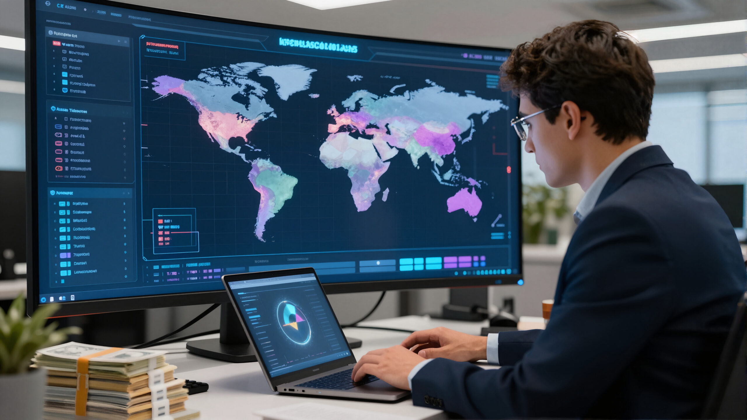Profissional com notebook e painel holográfico abstrato ilustrando fluxo de importação empresarial