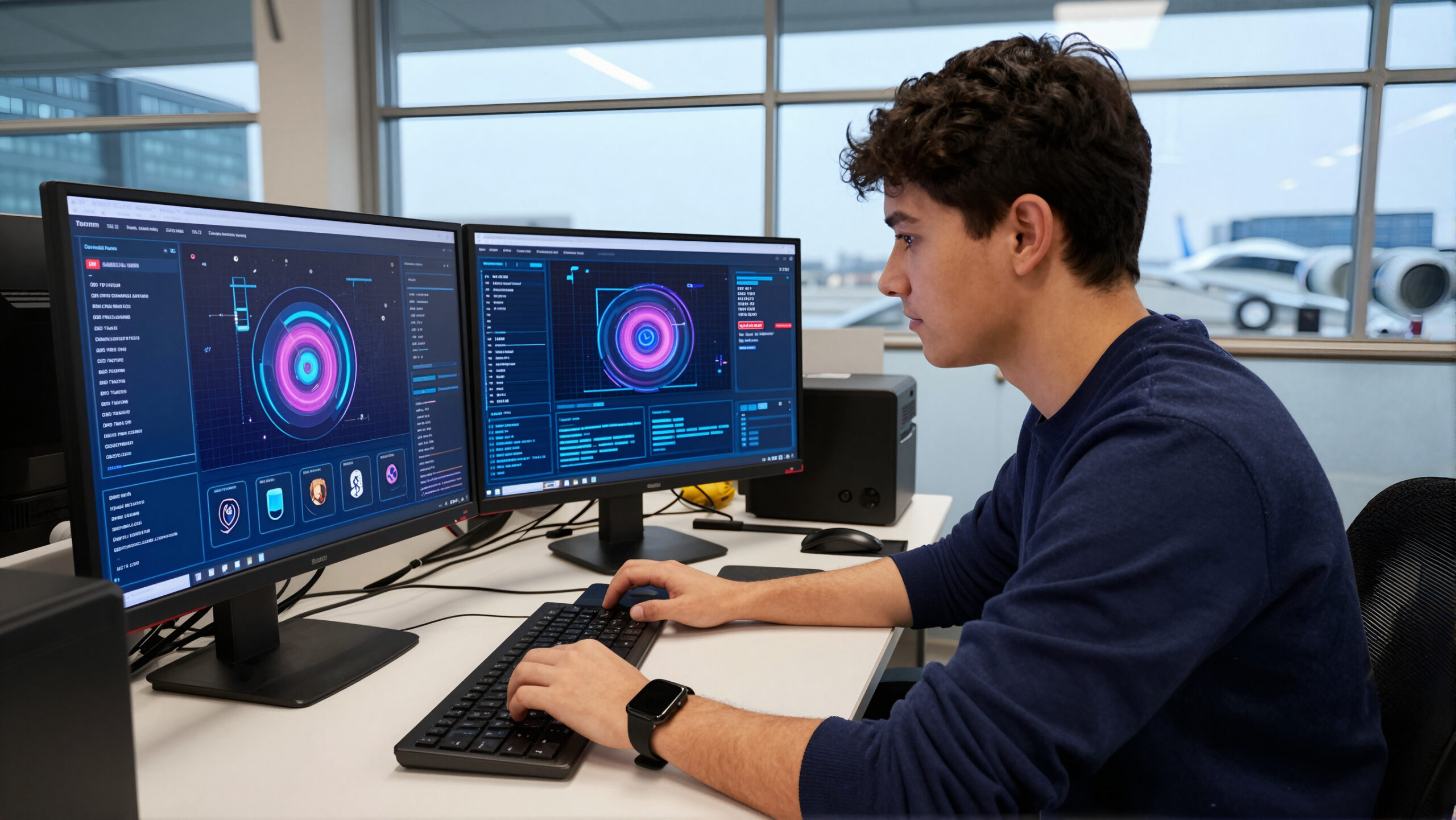 Chip tecnológico projetando holograma circular do dólar canadense sobre interface abstrata em terminal de viagem