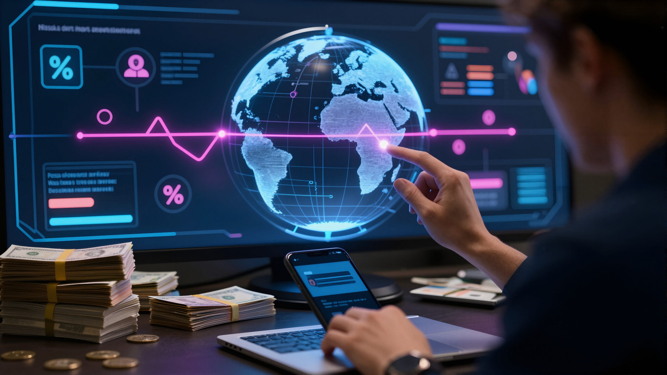 Globo digital holográfico com linhas de transferência e dispositivo portátil representando remessa internacional e câmbio