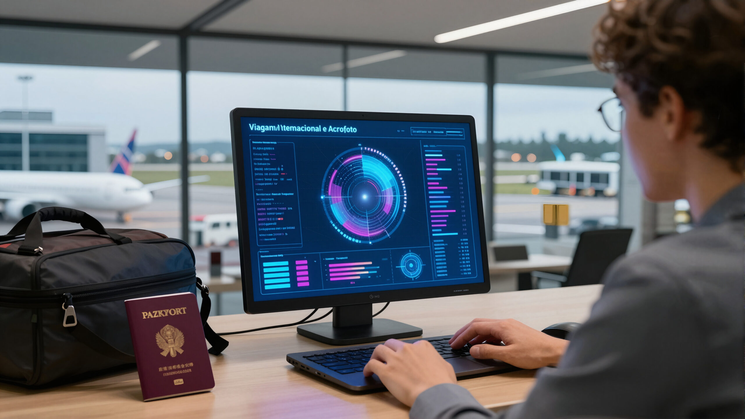 Aeroporto moderno com malas, notebook e holograma abstrato que sugere salario minimo australia e vida no exterior