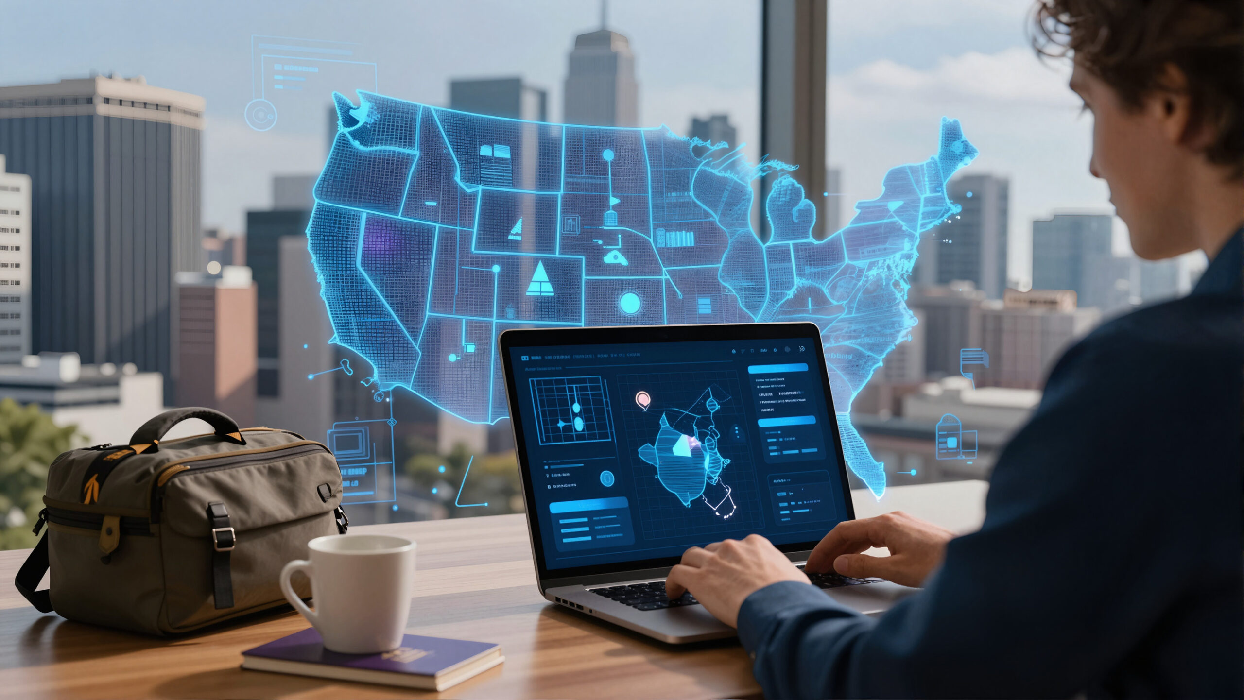 Profissional com notebook diante de mapa geométrico holográfico azul-ciano, sugerindo planejamento financeiro e vida no exterior