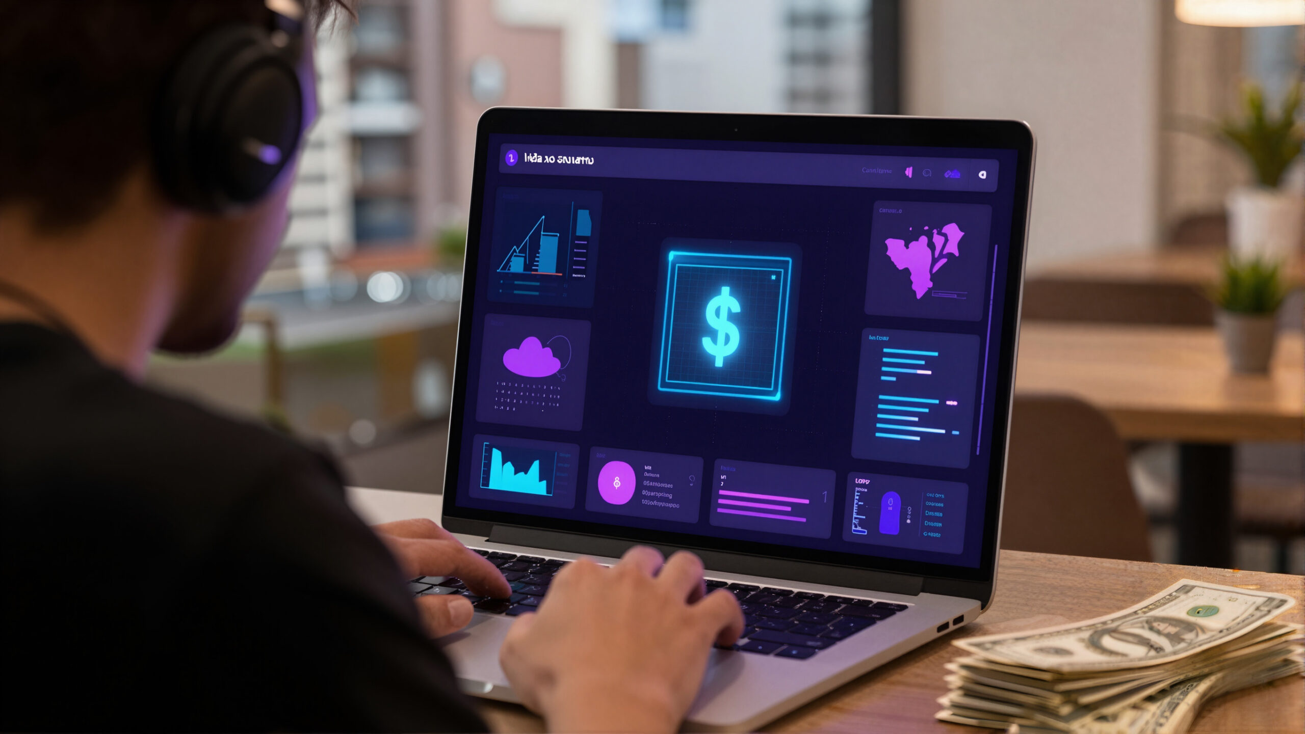 Notebook em cenário urbano com hologramas de dólar e interface abstrata, simbolizando salário e custo de vida nos Estados Unidos