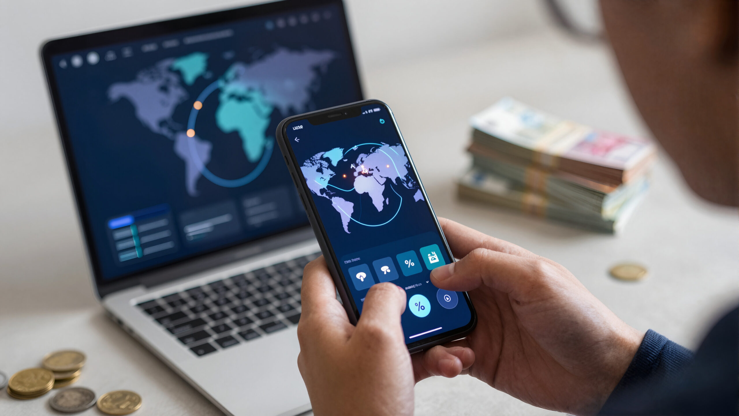 Globo digital, linhas de transferência e dispositivo portátil representando remessa internacional.