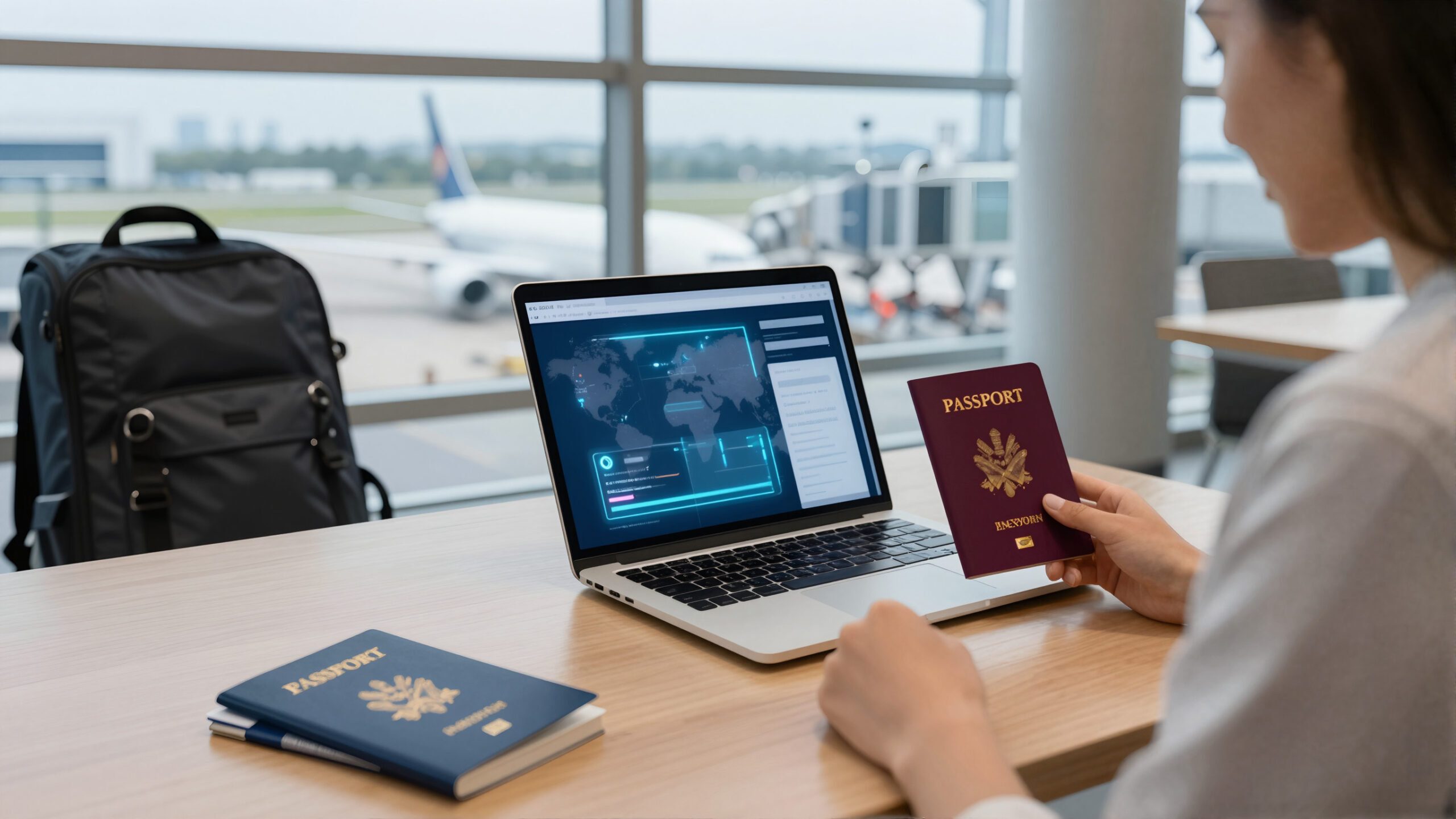 Duas pessoas em cafeteria de aeroporto preparando viagem e consultando visto Reino Unido via holograma abstrato