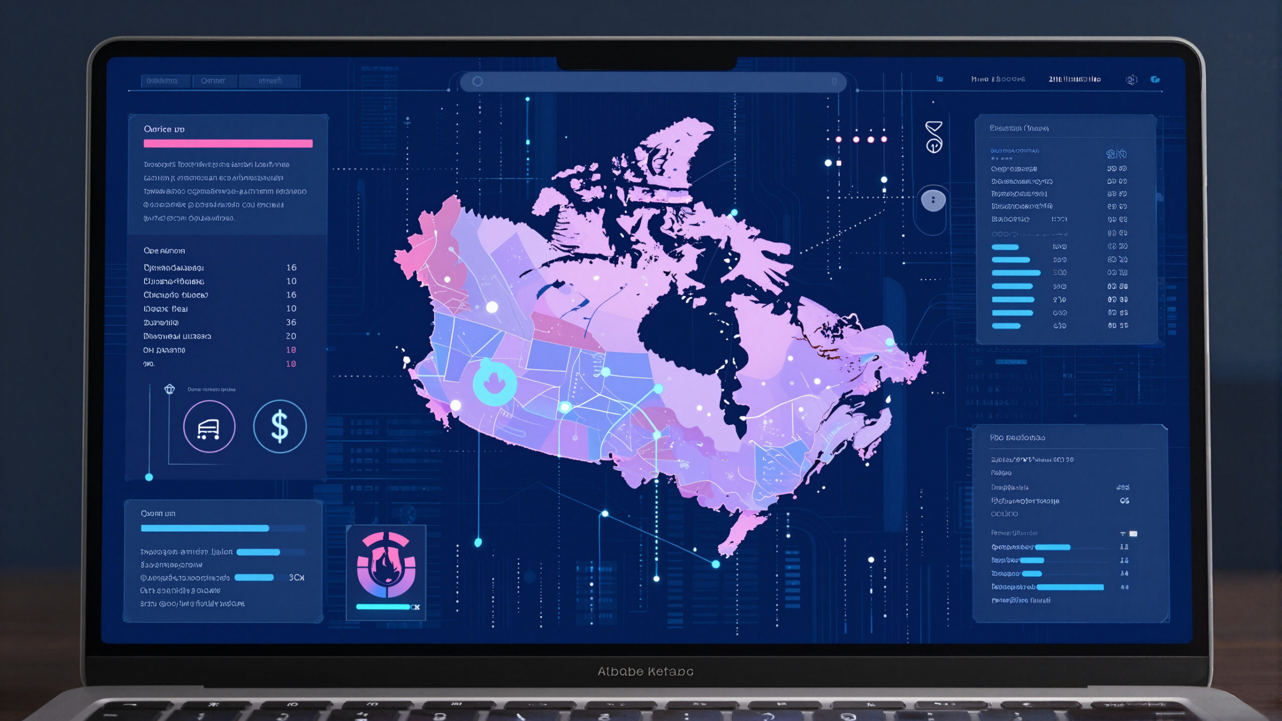 Dispositivo com interface geométrica e hologramas financeiros sobre mapa abstrato e skyline, sugerindo vida no exterior