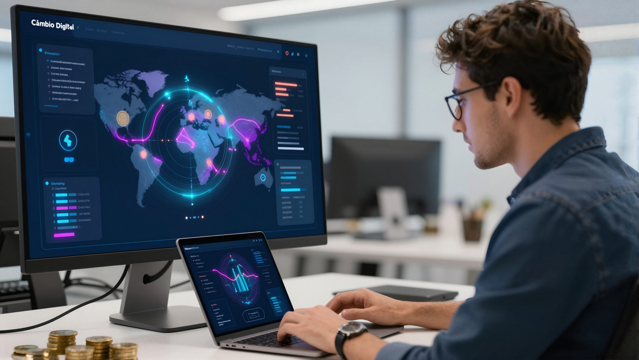 Profissional sentado com notebook em ambiente corporativo usando plataforma de câmbio digital com holograma abstrato de fluxo de moedas