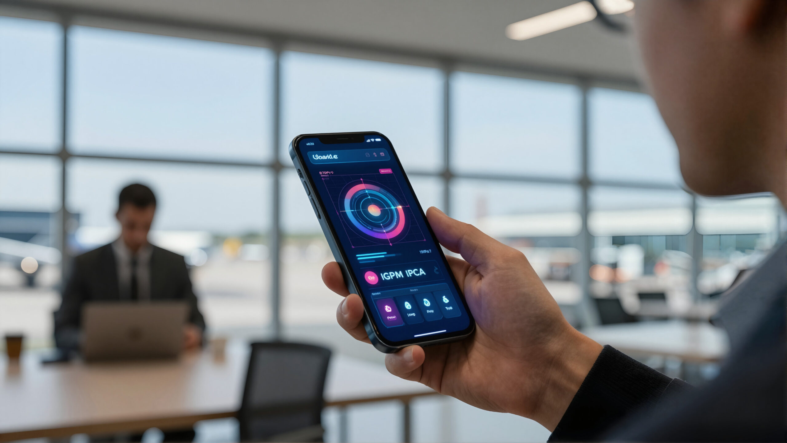 Aeroporto moderno com celular dobrável exibindo holograma financeiro sobre salário e custo de vida nos Estados Unidos