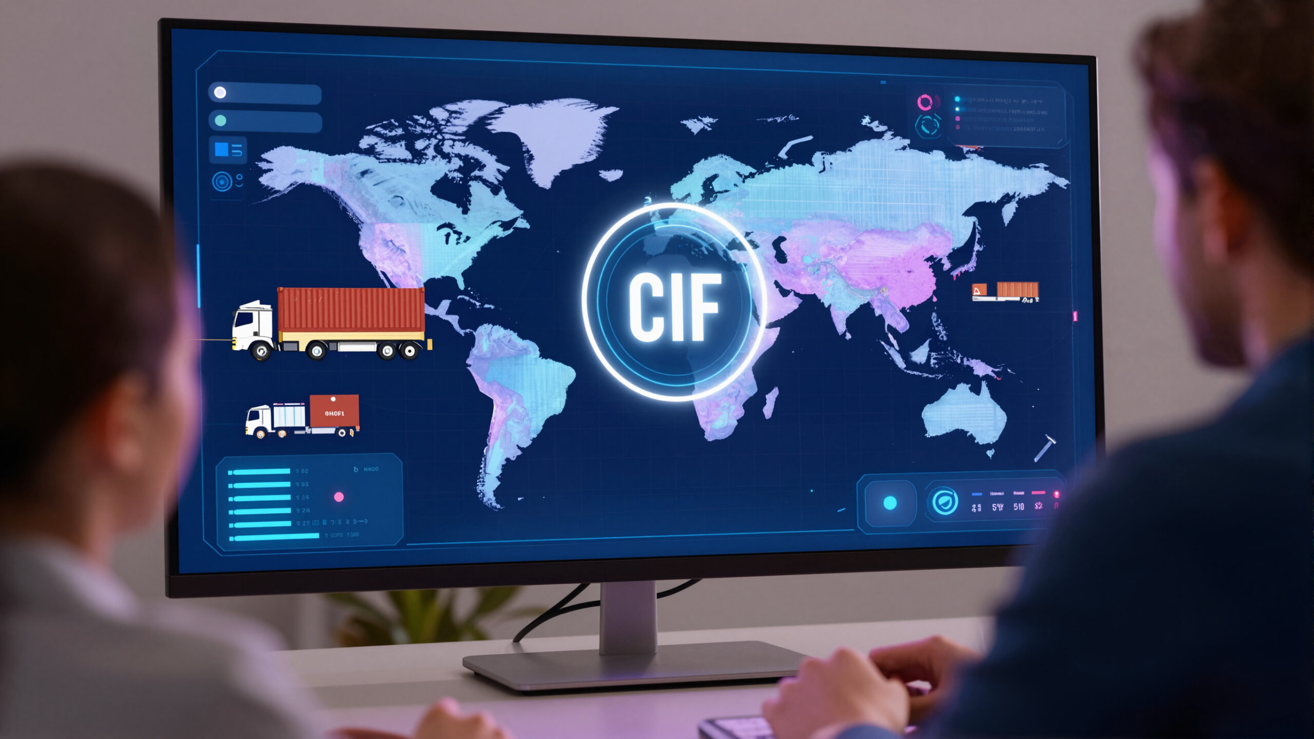 Caixa com ícones de navio, caminhão e escudo sobre mapa geométrico, ilustrando frete CIF e seguro de carga