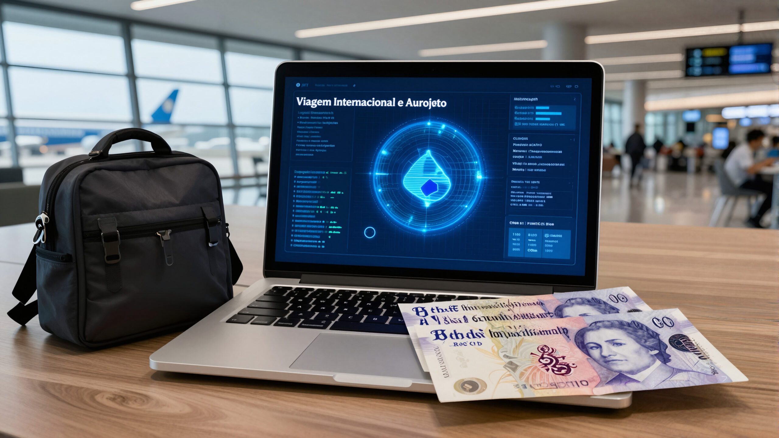 Moeda de libra esterlina em primeiro plano, notas desfocadas e terminal de aeroporto ao fundo sugerindo câmbio e viagem internacional