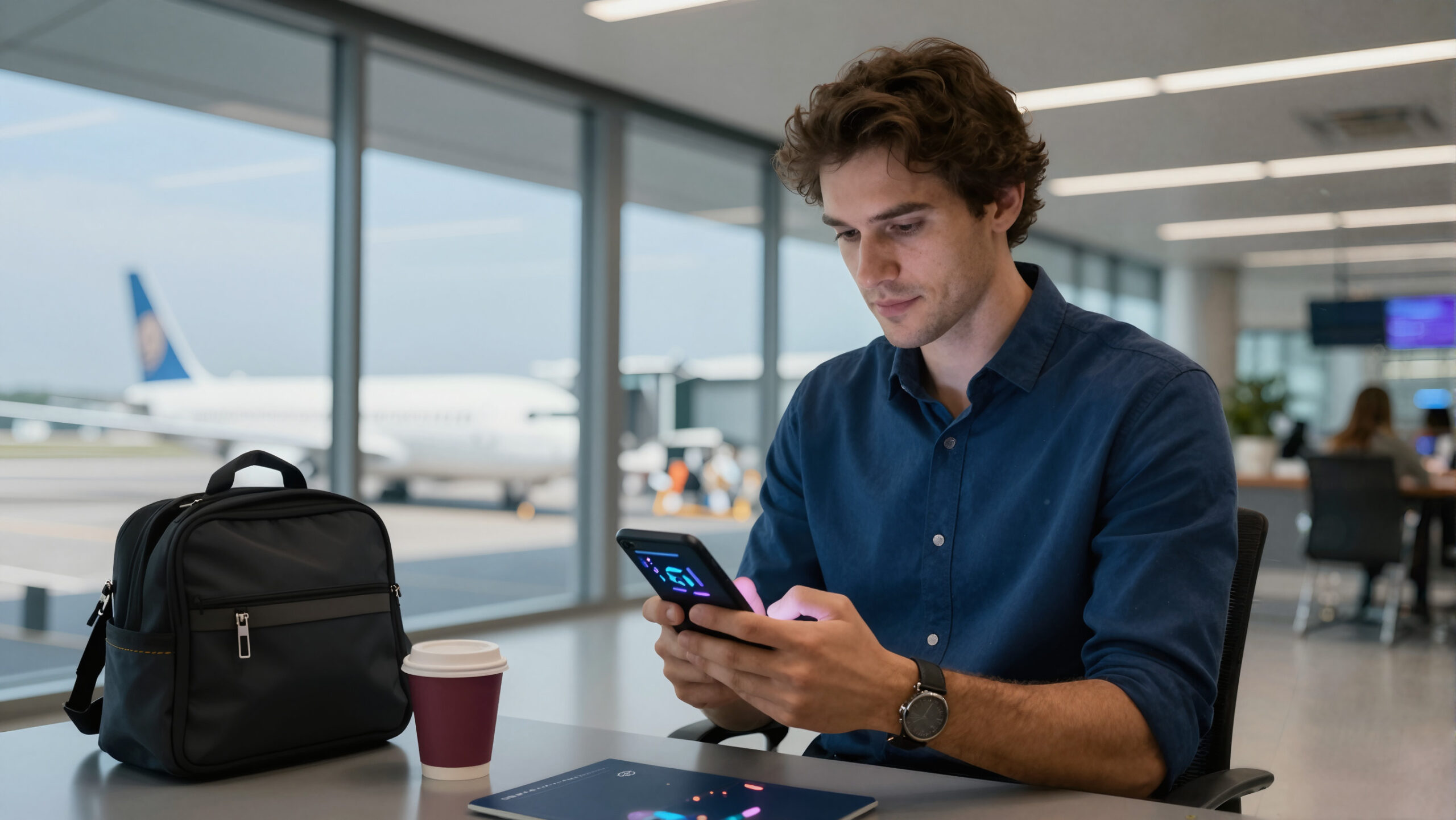 Profissional no aeroporto segurando celular com interface abstrata que sugere conta multimoeda durante viagem internacional