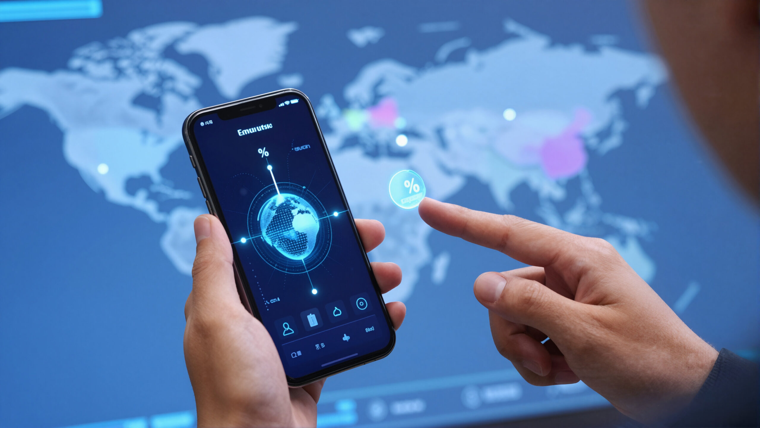 Holograma do euro e linhas digitais conectando regiões sobre dispositivo, representando remessa internacional