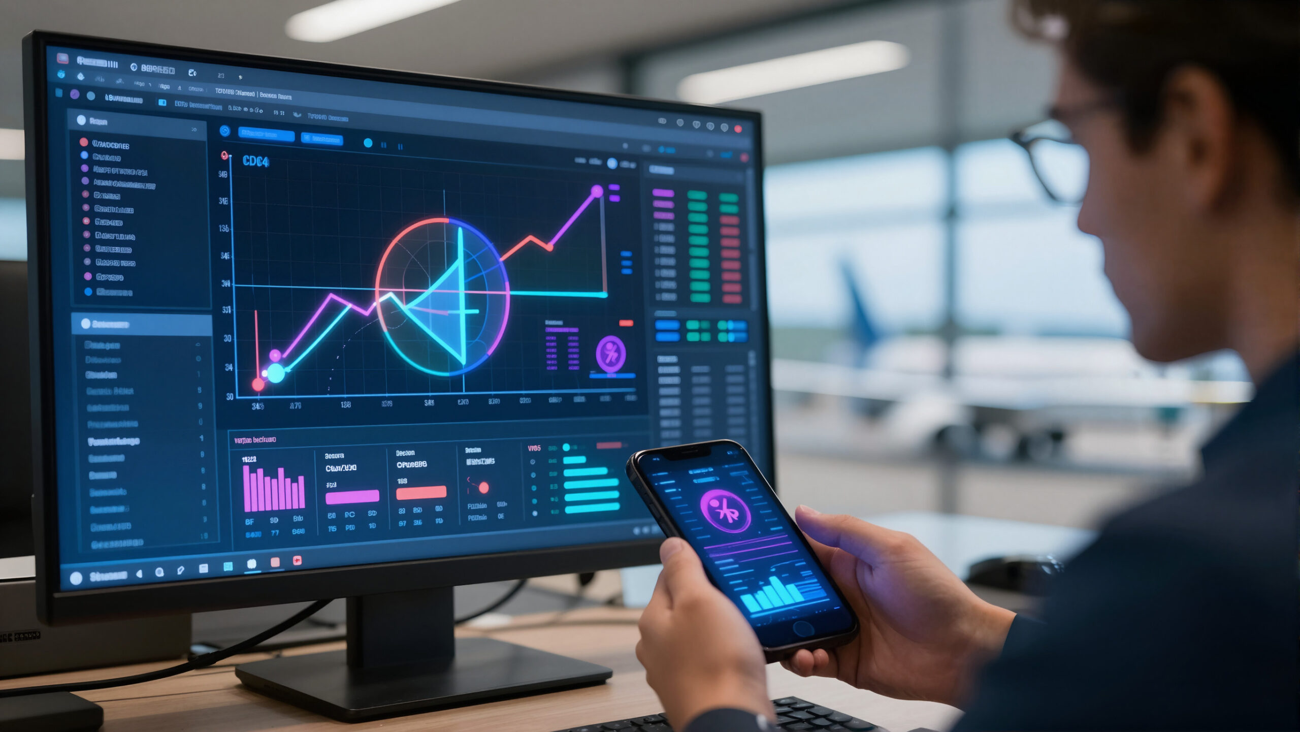Terminal de aeroporto com dispositivo exibindo holograma financeiro sobre salário e custo de vida nos EUA