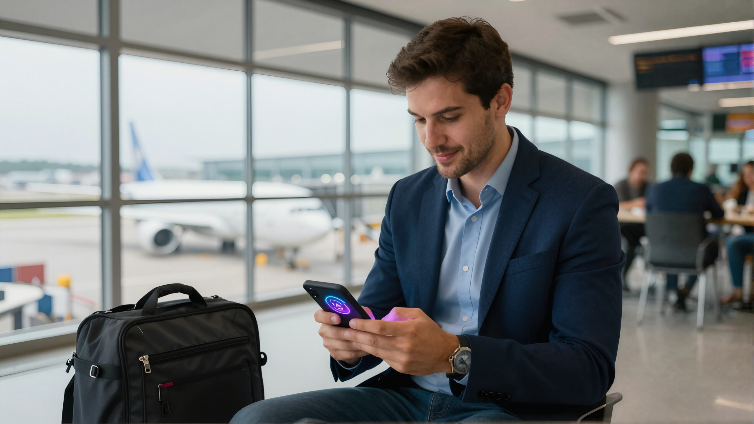 Profissional latino segurando celular com holograma abstrato que simboliza IOF e fluxo de remessas em terminal de aeroporto