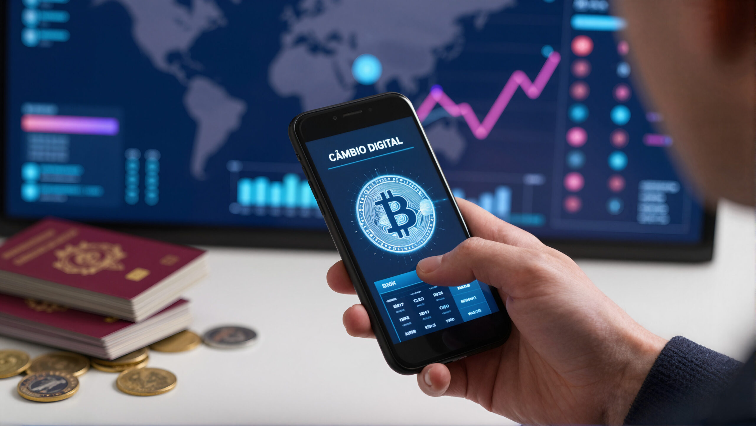 Holograma do símbolo bitcoin sobre celular simbolizando câmbio digital e transferências internacionais