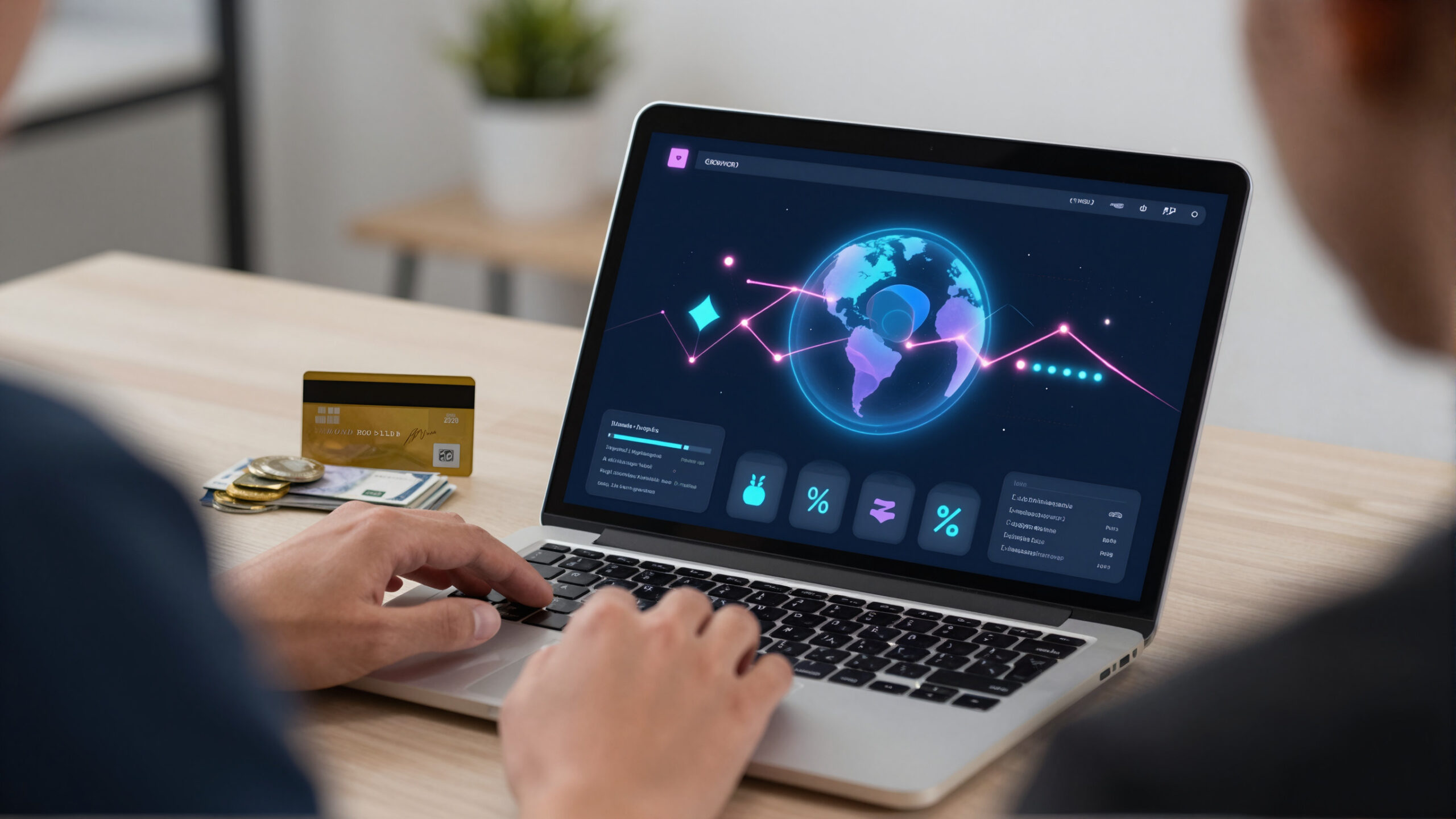Dispositivo e globo digital com fluxo de conversão e ícones abstratos sugerindo câmbio digital