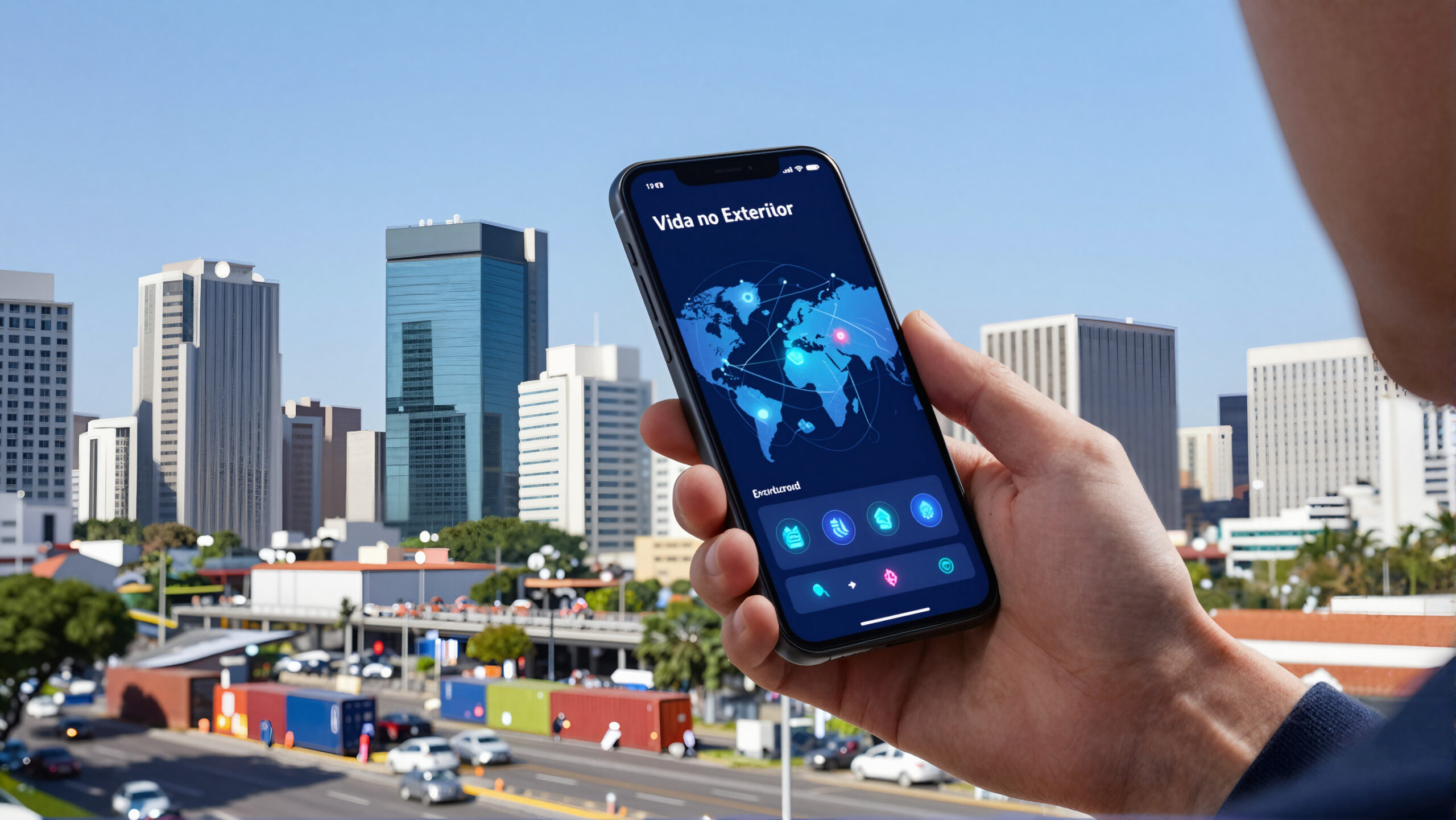 Profissional segurando smartphone com holograma de moedas e conexões, cenário urbano que remete a viagem e vida no exterior