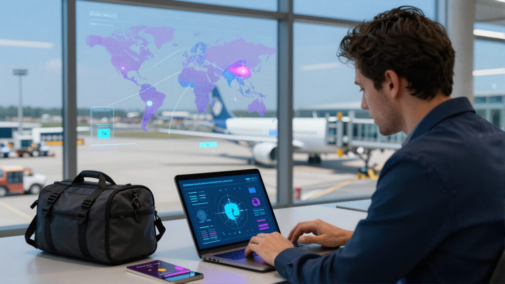 Aeroporto moderno com holograma de ícones de remédio e rotas iluminadas representando logística farmacêutica