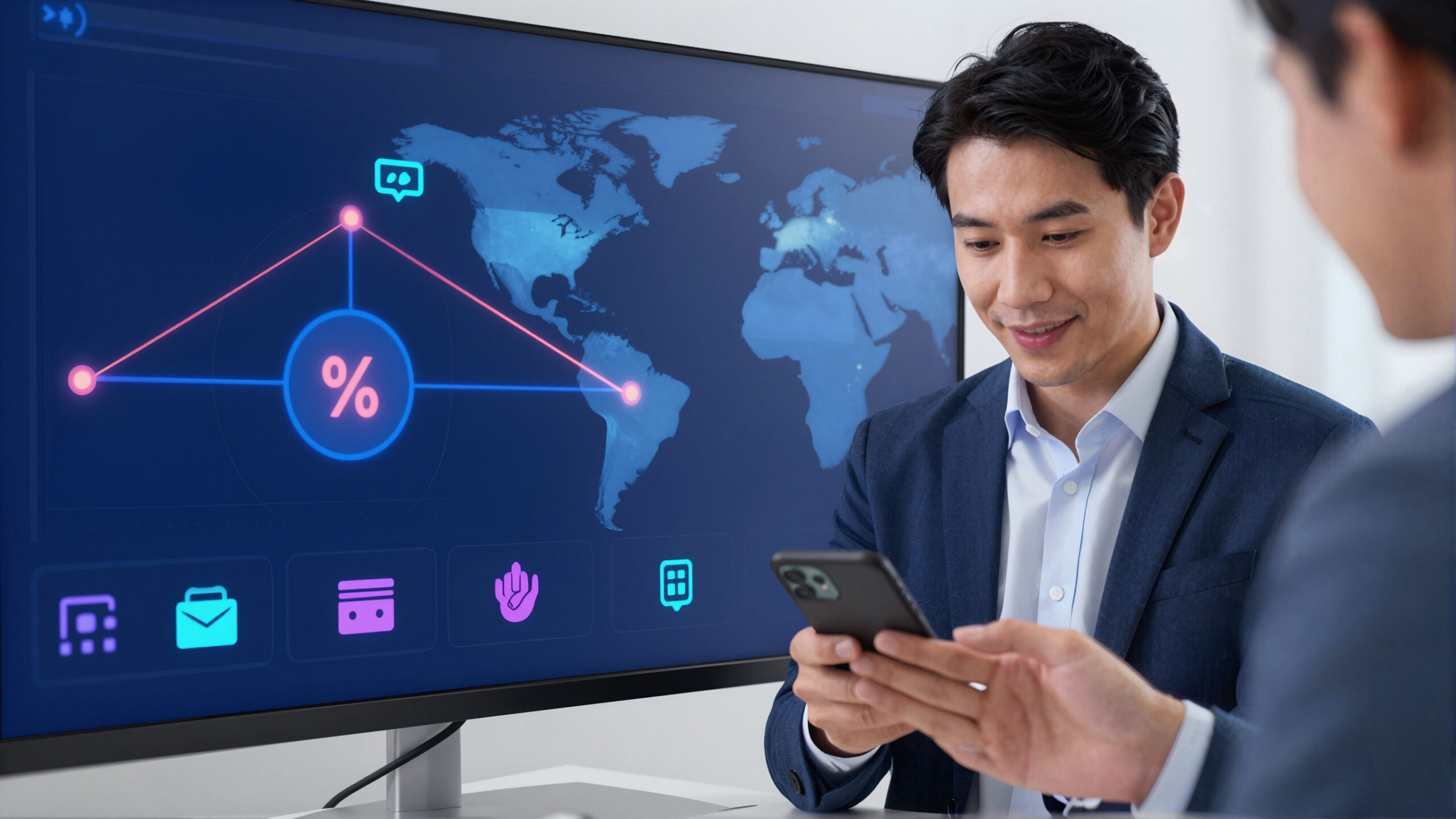 Profissional segurando celular flip com gráficos digitais de fluxo entre países, representando câmbio digital