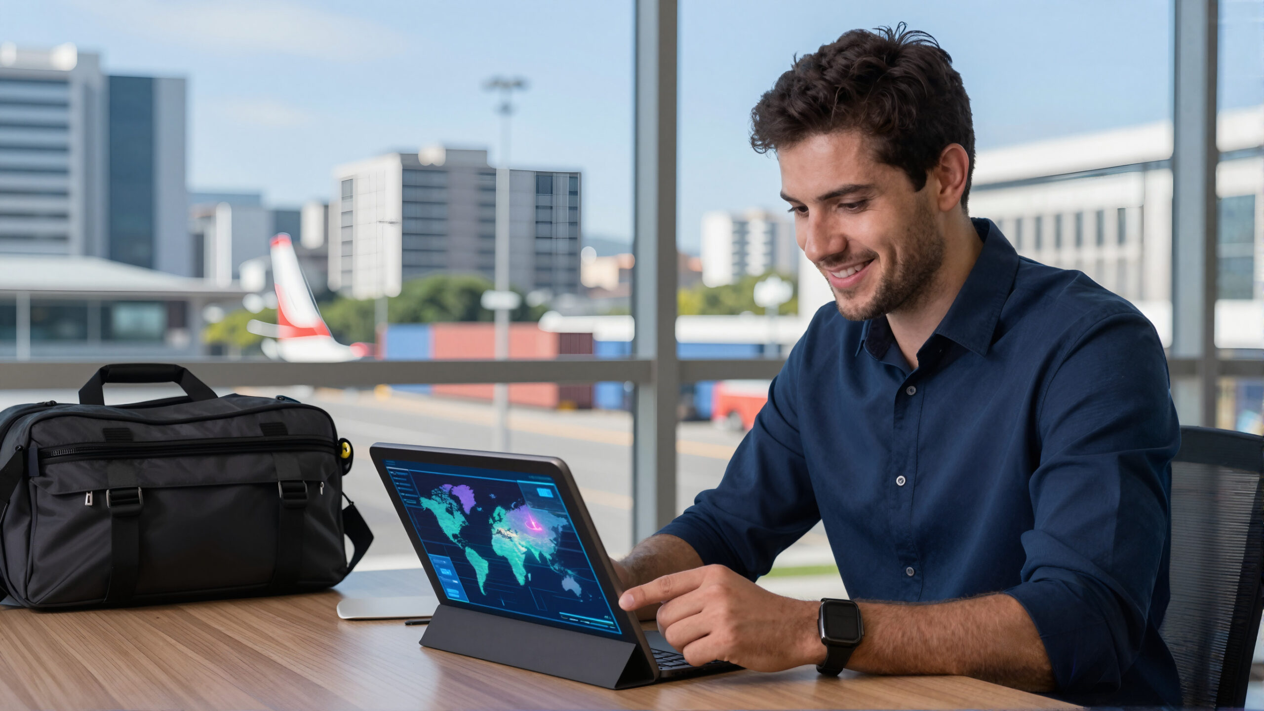 Profissional latino com tablet e holograma de containers analisando imposto de importação em ambiente urbano institucional