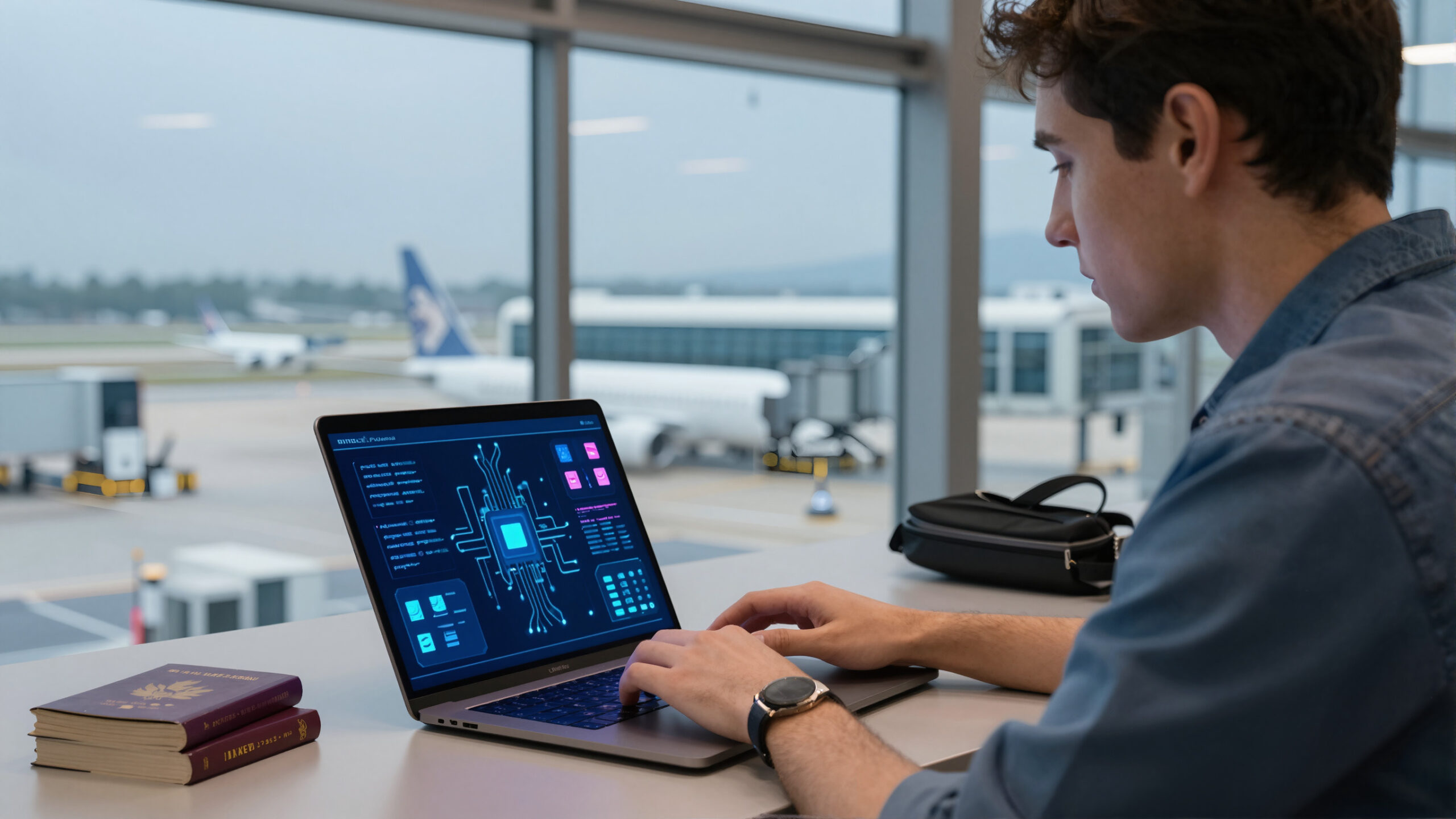 Jovem em aeroporto com mala e notebook exibindo holograma financeiro abstrato em tons azul-ciano, cenário de viagem internacional