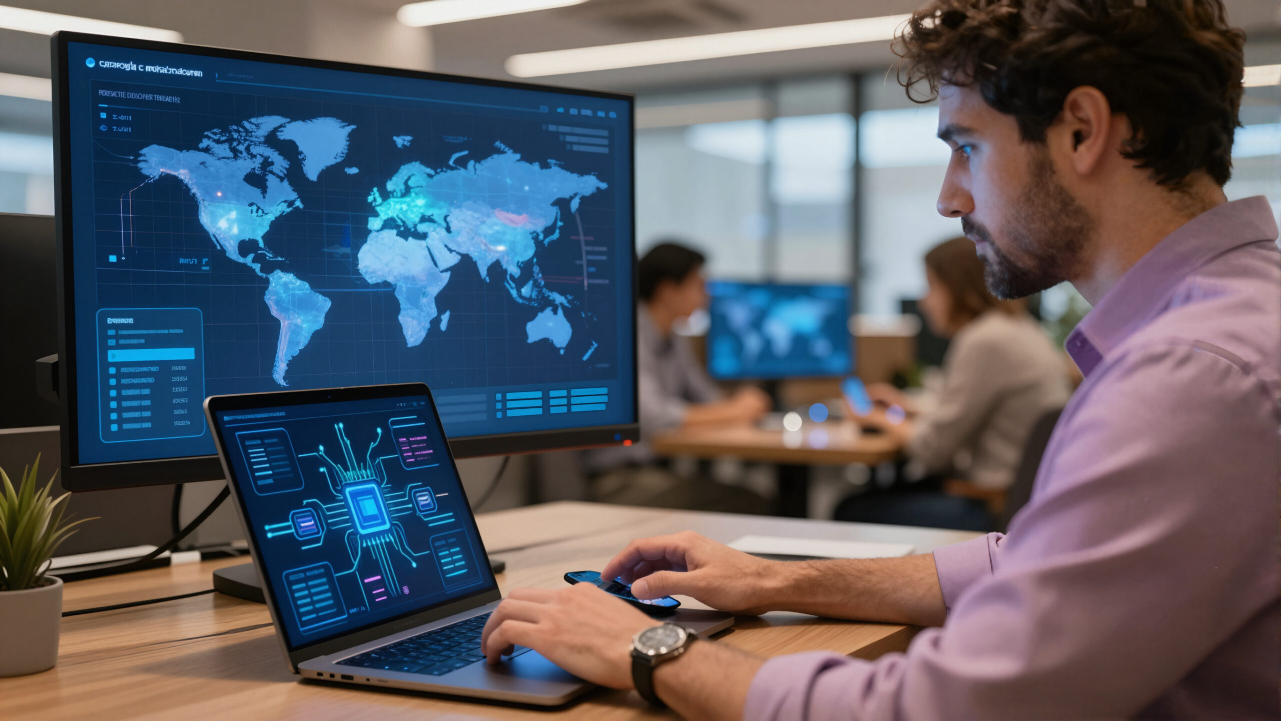 Profissional com notebook e holograma azul de chip e impressão digital, representando exportação e mercados globais