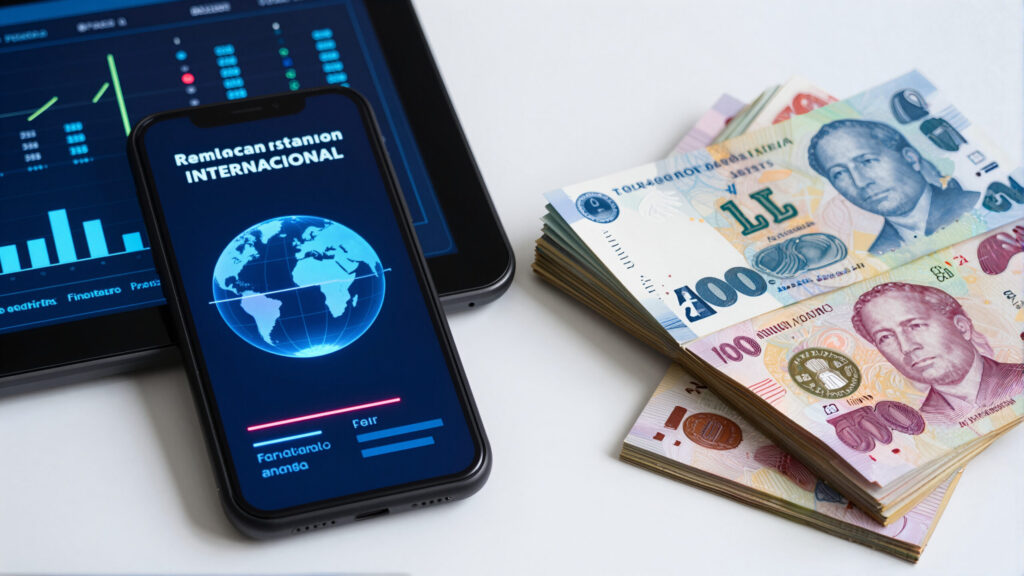 Globo digital, linhas de transferência e dispositivo abstrato em ambiente corporativo, simbolizando câmbio e remessa internacional