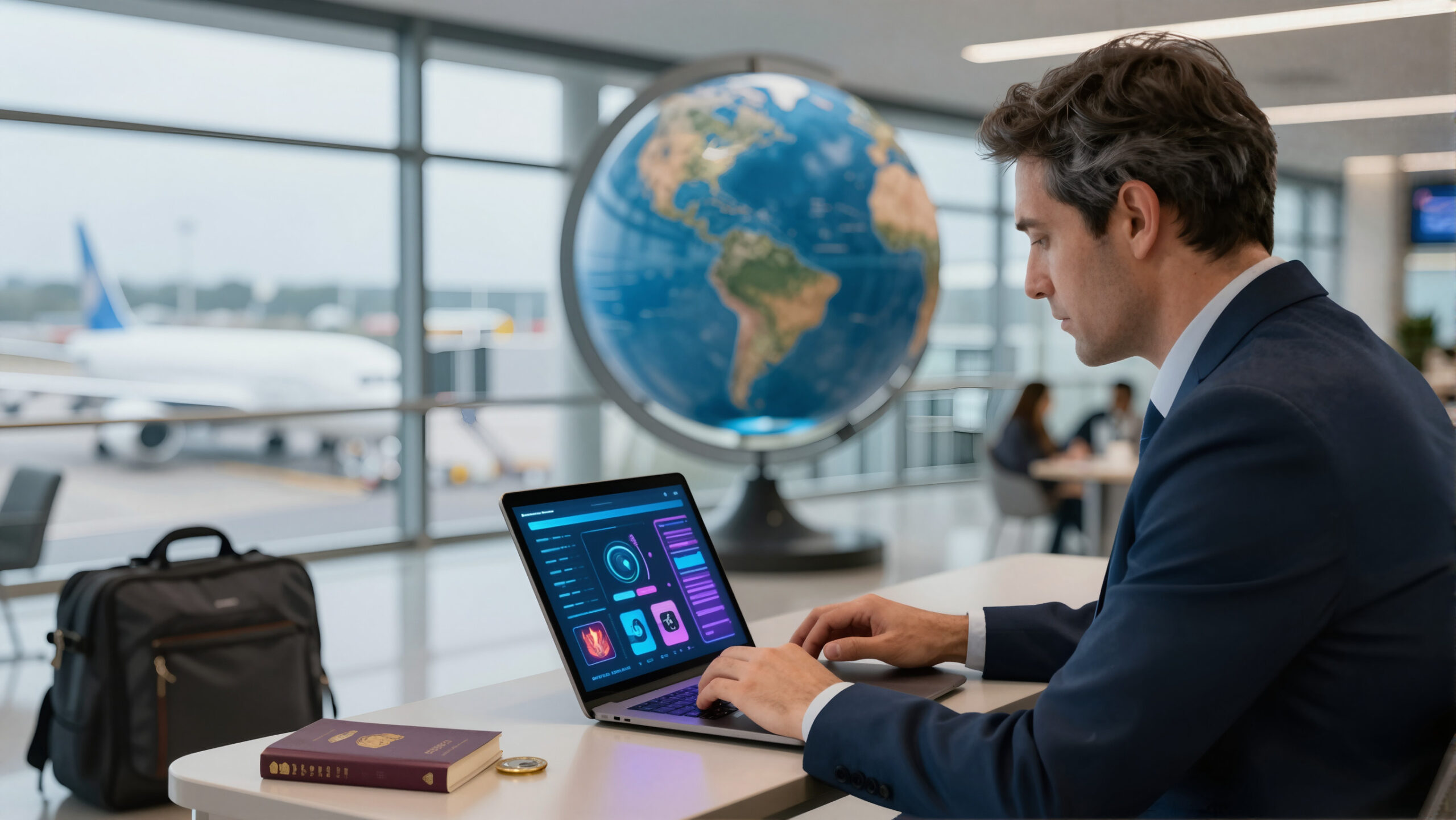 Profissional em aeroporto usando notebook com interface abstrata de luzes e holograma, cena de viagem internacional