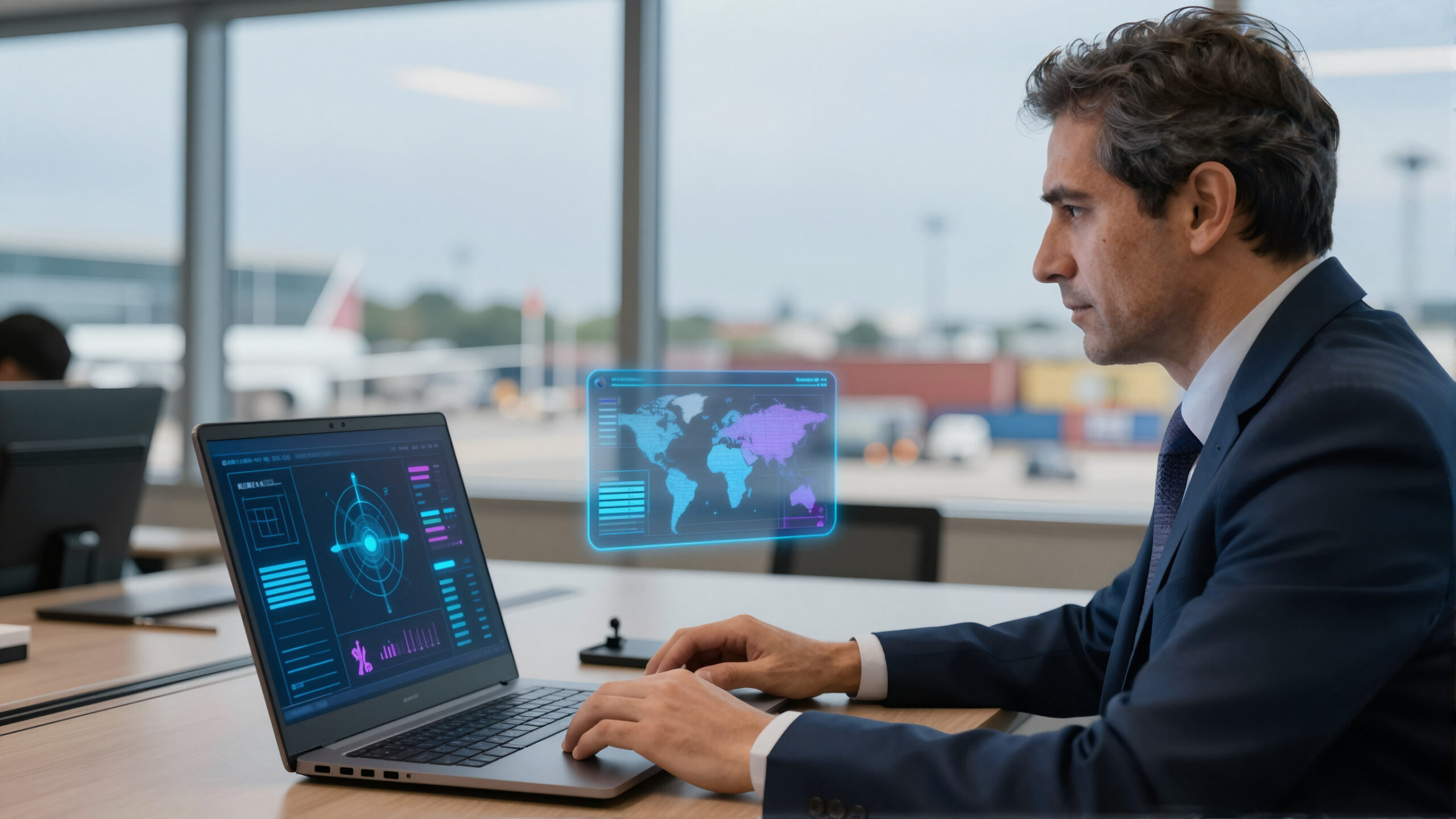 Profissional em aeroporto interagindo com holograma financeiro azul-ciano, representando salário e custo de vida nos Estados Unidos