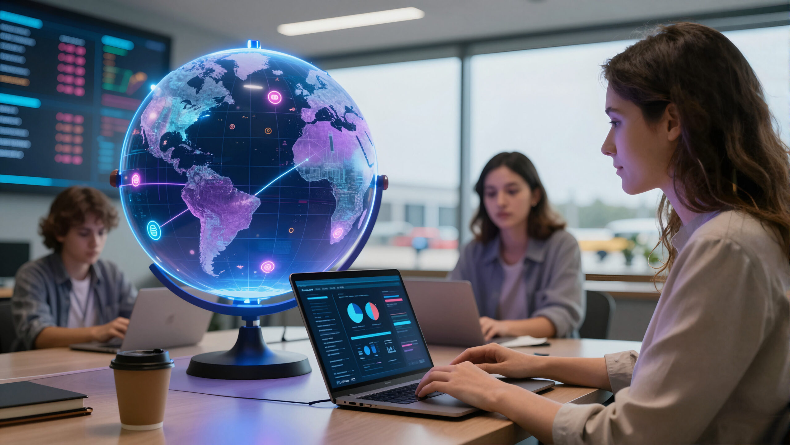 Família no aeroporto com notebook e globo holográfico representando salário e custo de vida nos Estados Unidos