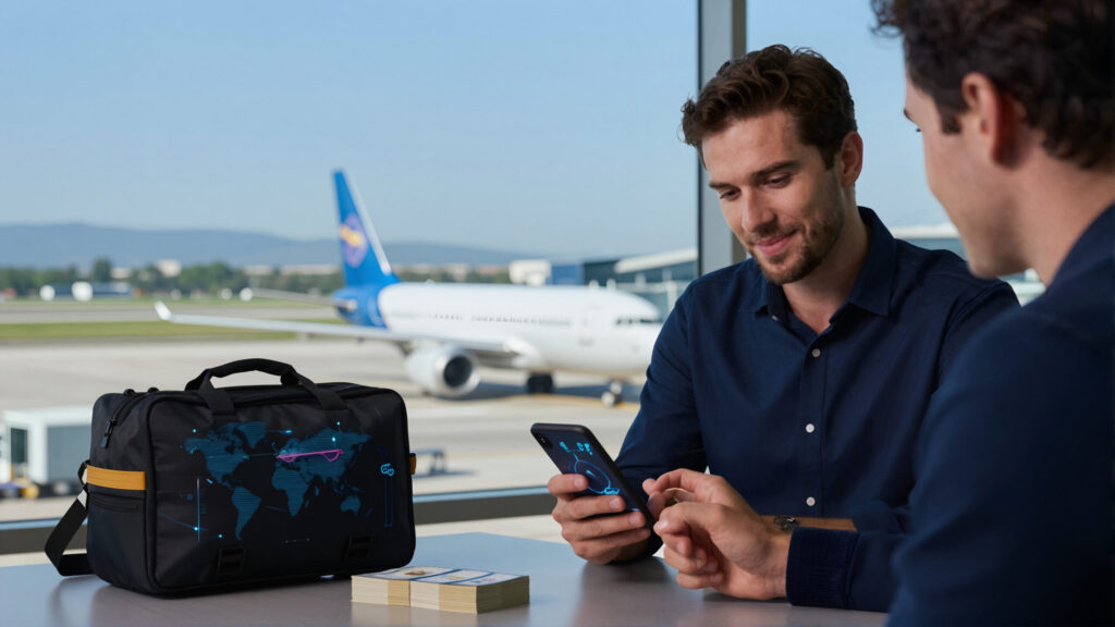 Pessoa negra em aeroporto segurando celular com interface abstrata sugerindo transferência internacional segura