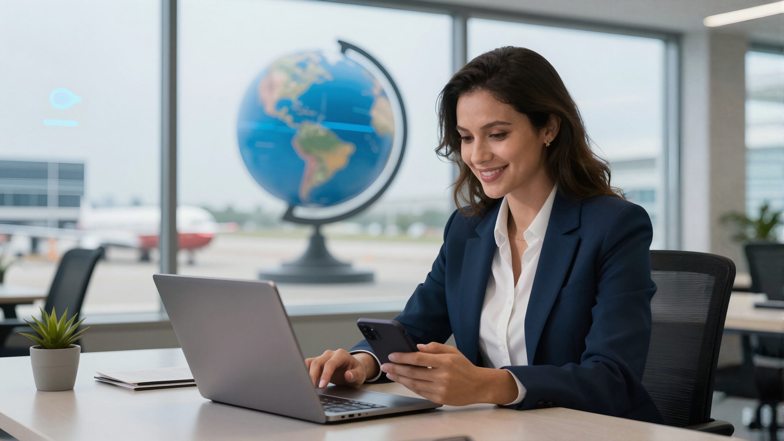 Profissional no aeroporto com notebook e holograma de rotas, simbolizando viagem internacional e logística