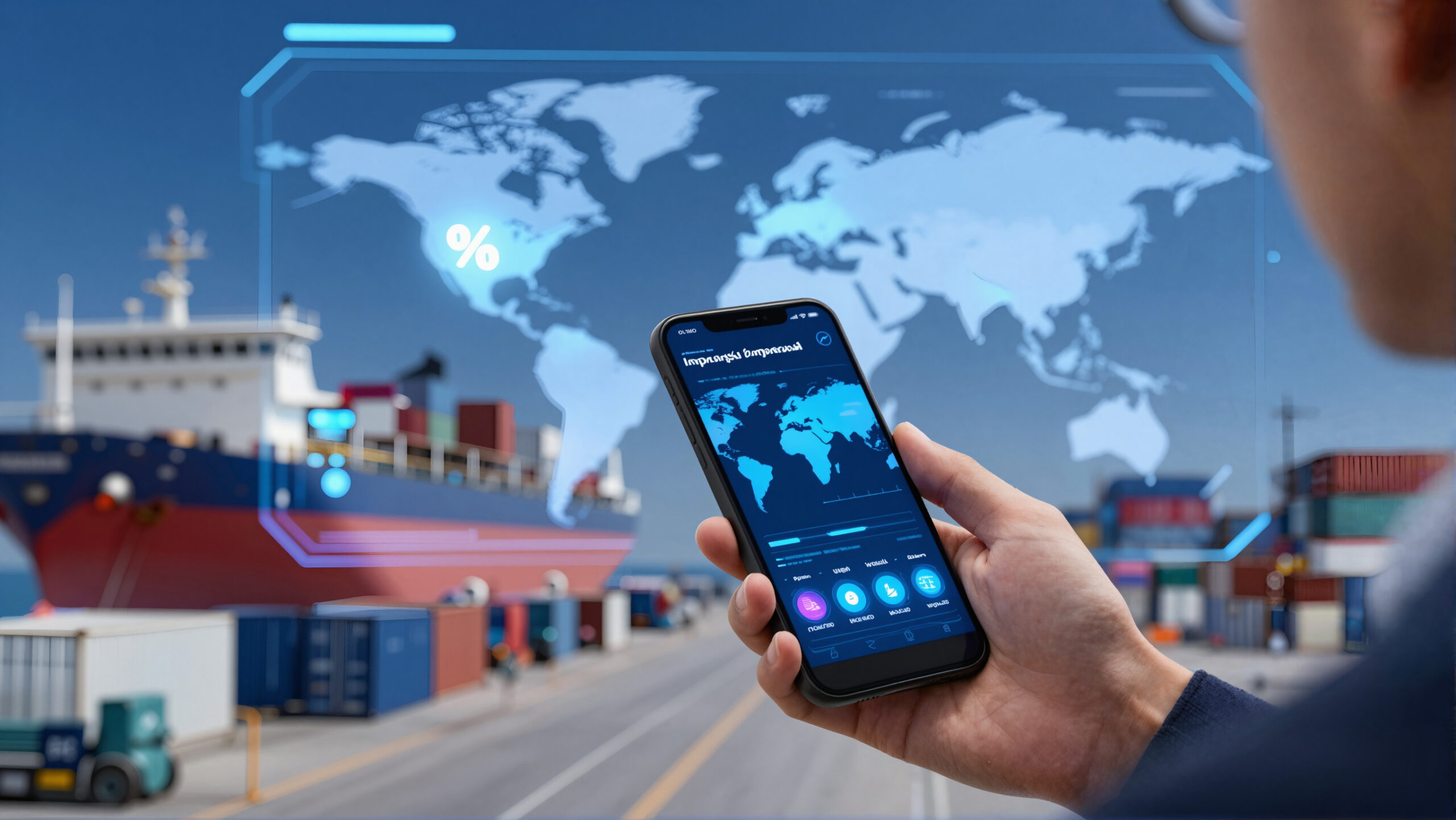 Globo digital e holograma financeiro azul-ciano emergindo de dispositivo, simbolizando comércio exterior e conexões entre mercados.