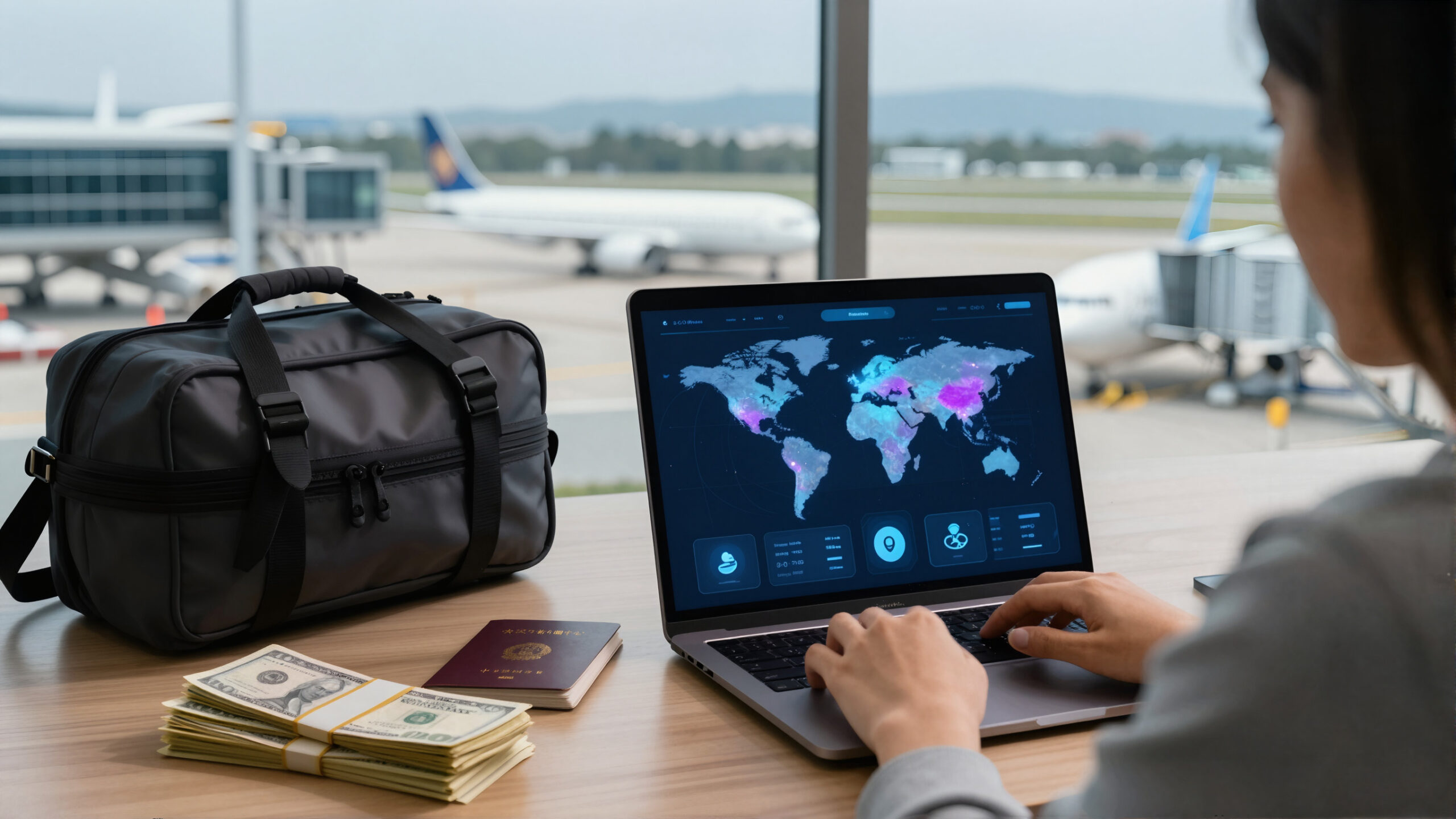Terminal de aeroporto com malas, notebook apoiado e interface abstrata luminosa para planejamento financeiro e viagem internacional