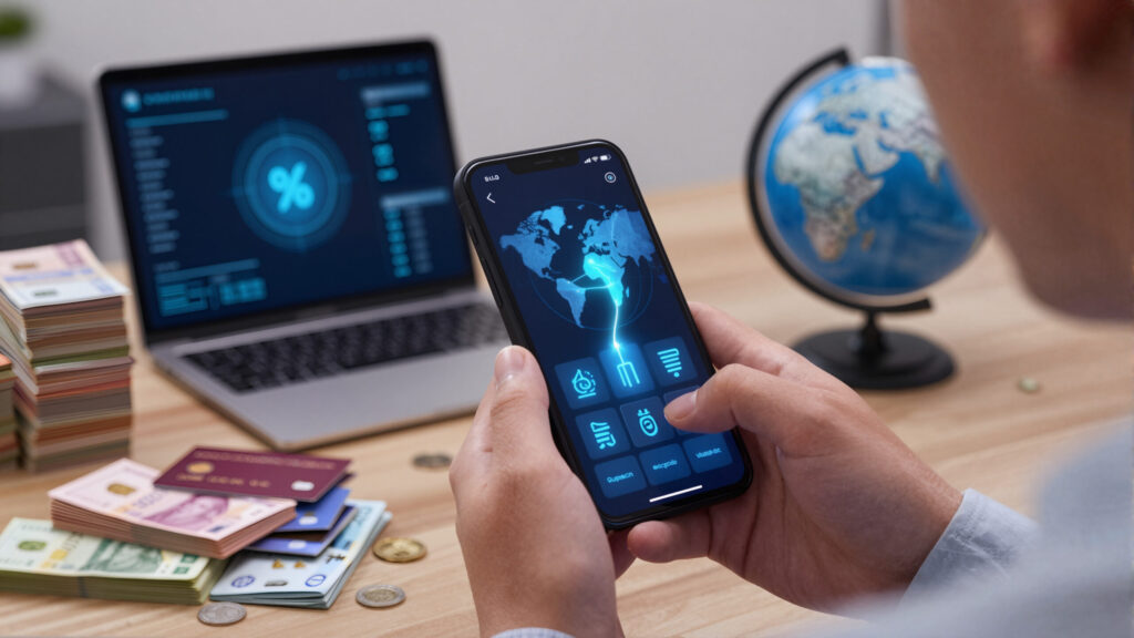 Globo digital com linhas de transferência e smartphone representando remessa internacional e conversão de moedas