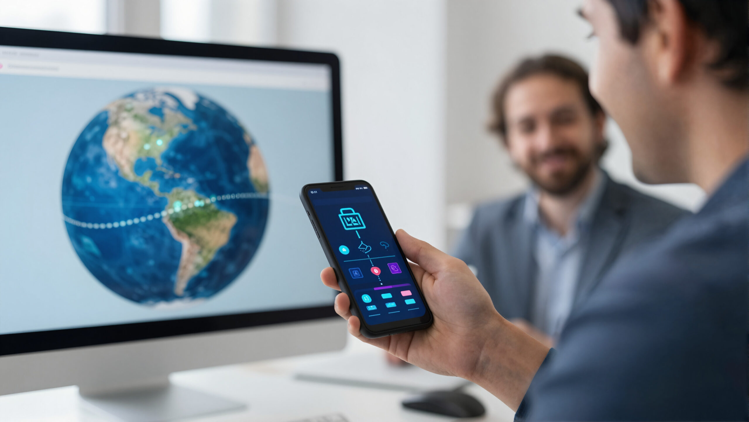 Profissional segurando celular com holograma financeiro e linhas de transferência globais, conceito de remessa internacional