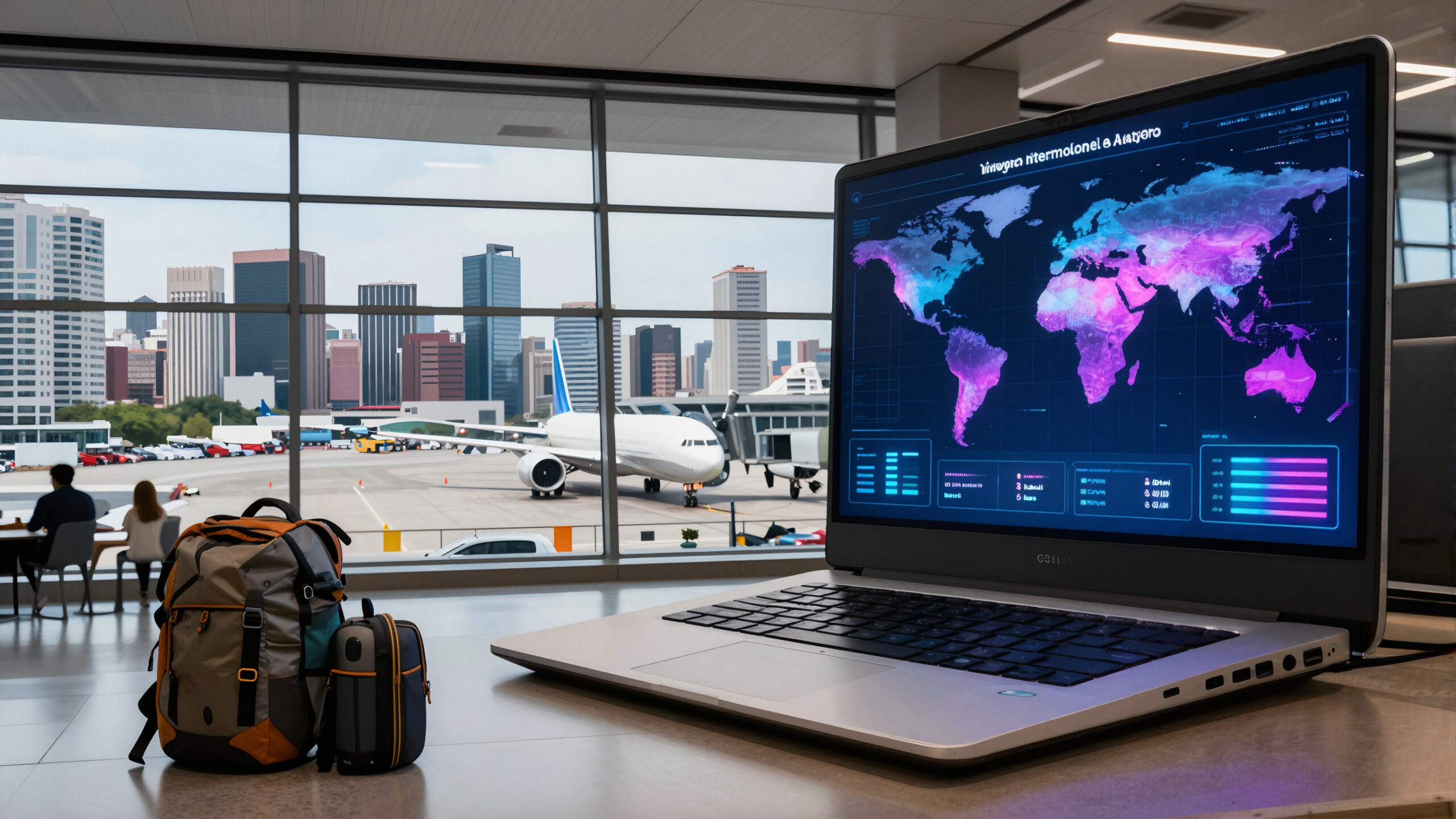 Painel holográfico com globo digital em terminal de aeroporto refletindo custo de vida nos EUA