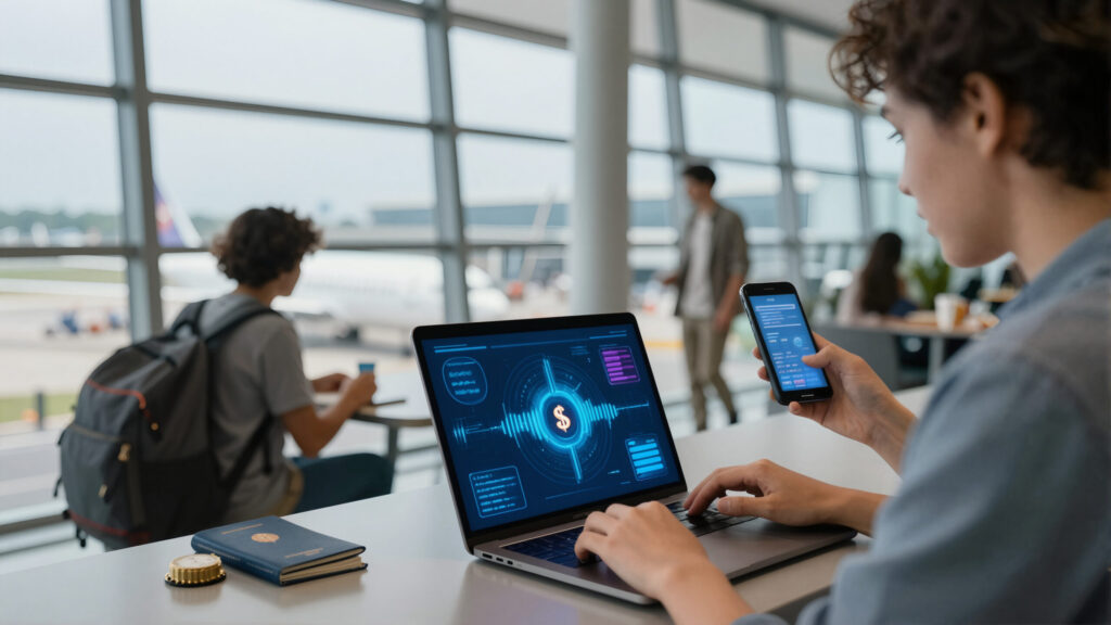 Chip financeiro holográfico com trilhas luminosas em terminal de aeroporto, simbolizando cotação do dólar e viagem internacional