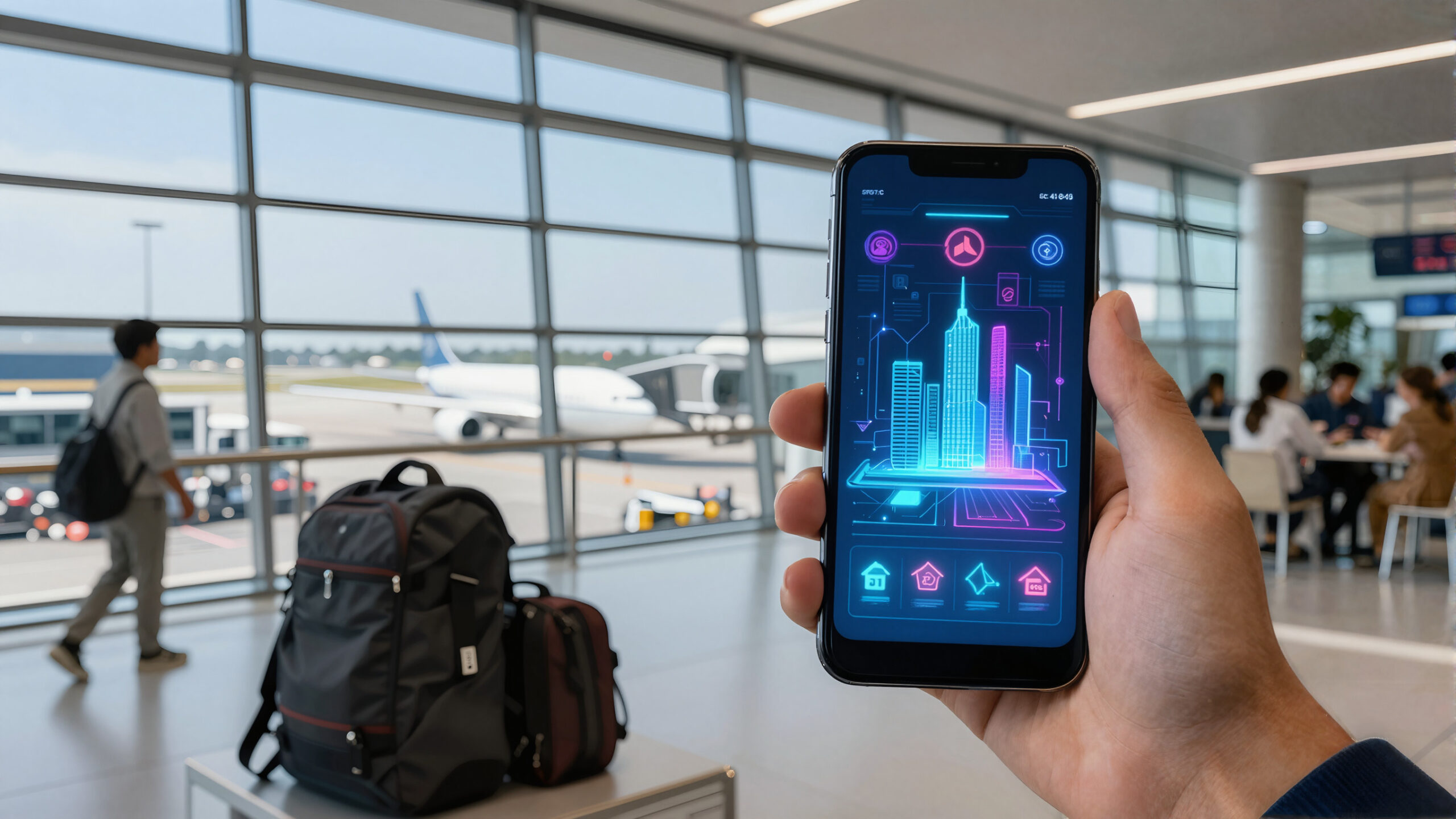 Aeroporto moderno com celular mostrando holograma de prédios e rotas luminosas representando imóveis no exterior