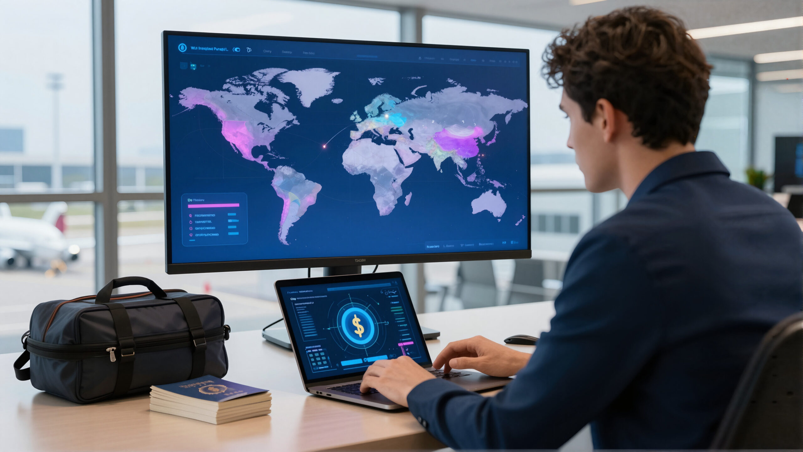 Duas pessoas em aeroporto, investidor avalia investimentos internacionais no notebook com hologramas abstratos de moedas e mapa