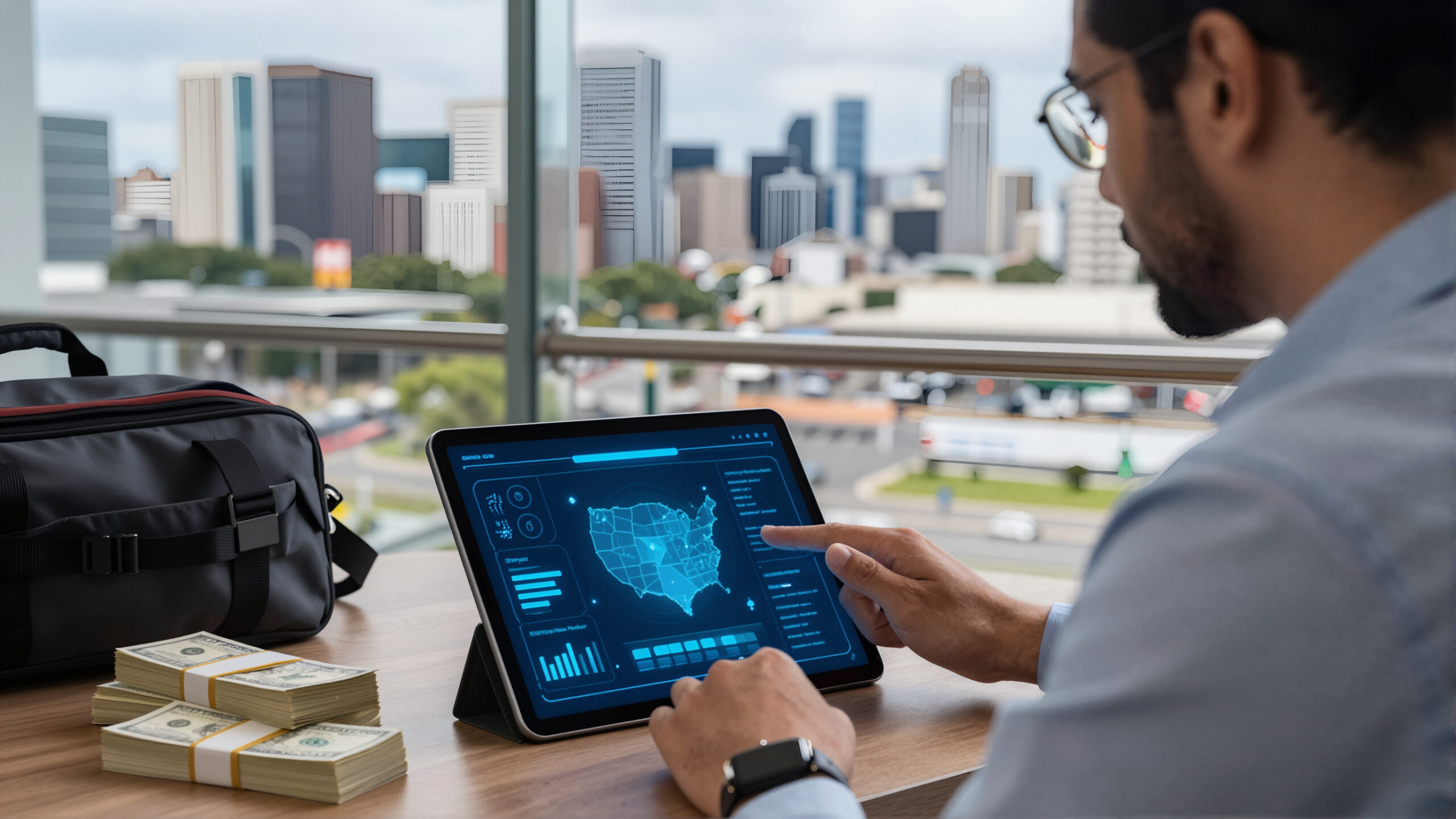 Tablet com holograma financeiro azul-ciano representando planejamento para green card